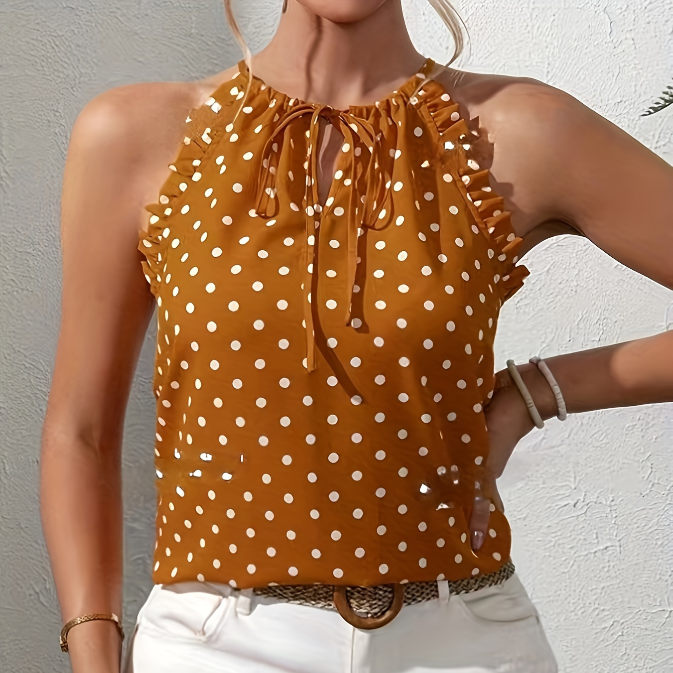 

Polka-dot Print Ruffle Trim Blouse, Elegant Keyhole Front Tie Neck Sleeveless Blouse, Women's Clothing