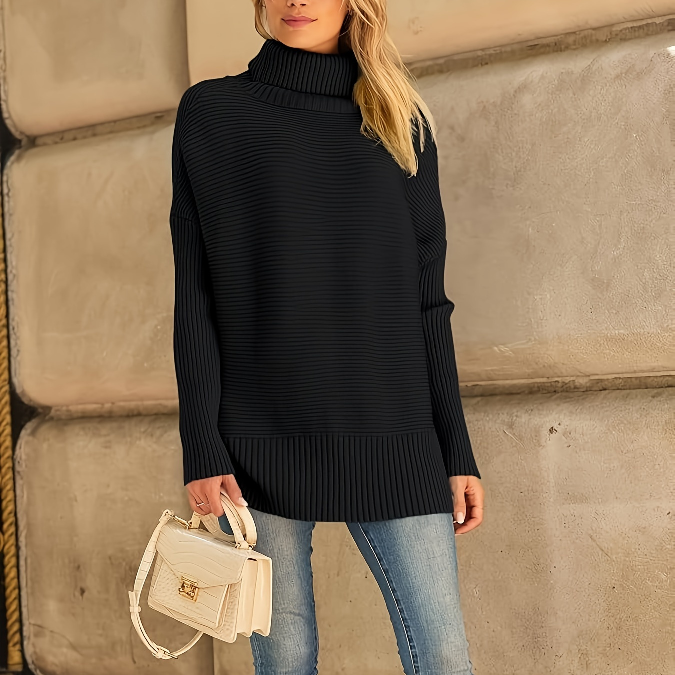 

Elegant Oversized Turtleneck Sweater For Women - Chic Solid Color, High Stretch Knit With Side Slit, Fall/winter