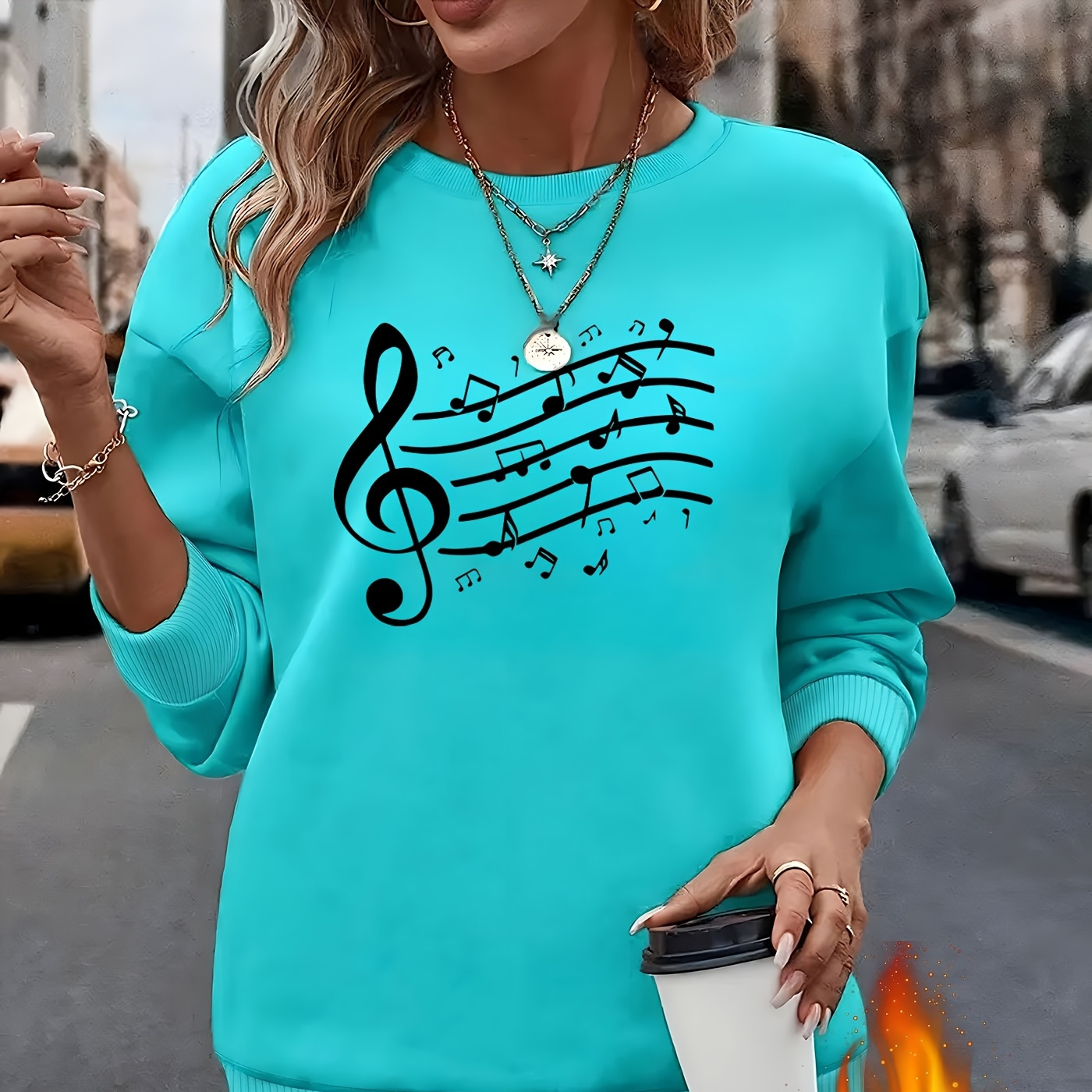 

Sweat-shirt élégant à col rond pour femmes, en polyester tricoté, manches longues, avec des notes de musique et un motif de dessin , pour un pull confortable à tout de l'année.