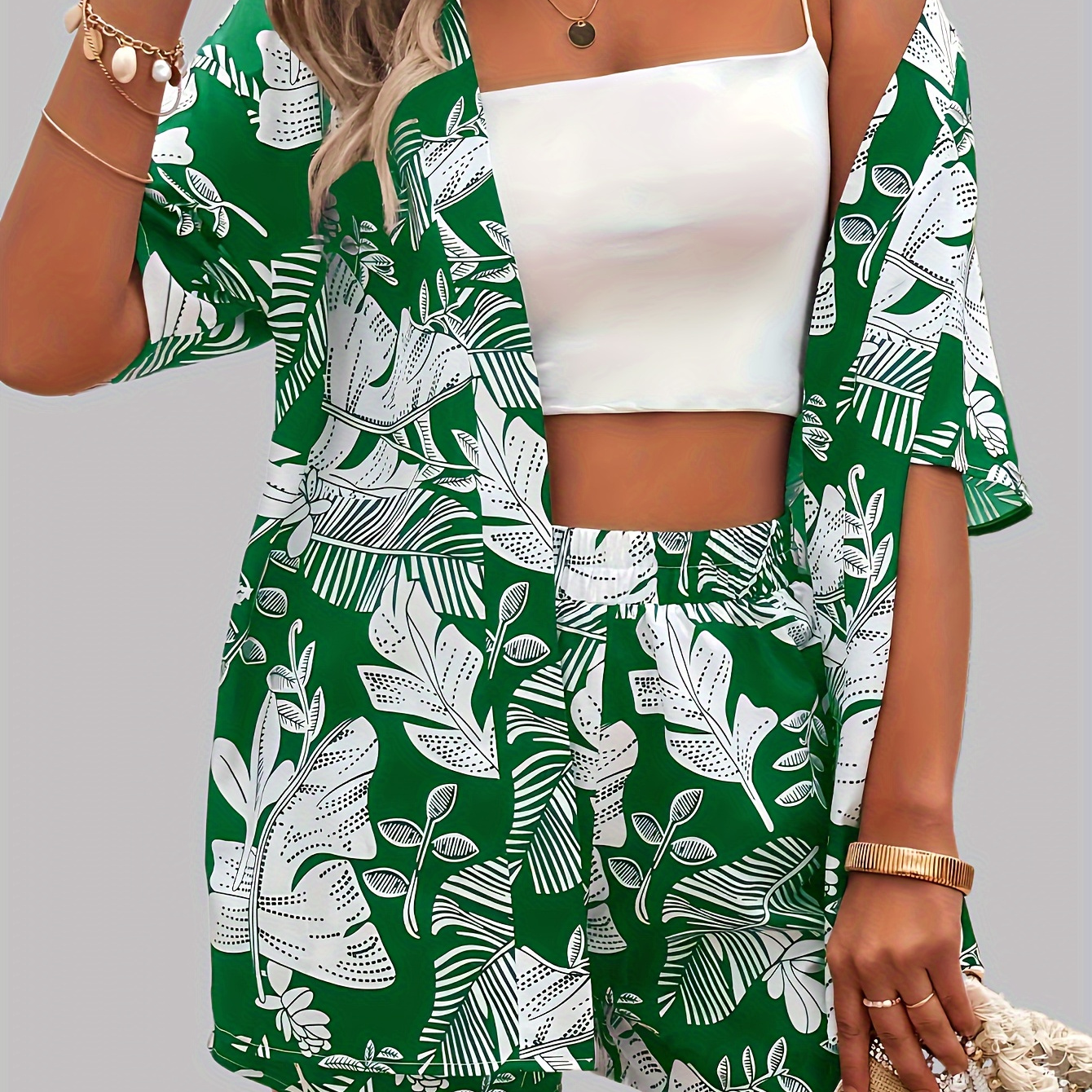 

Vacation Style Leaf Print Shorts Set, Open Front Cover-up & Shorts Outfits For Summer, Women's Clothing