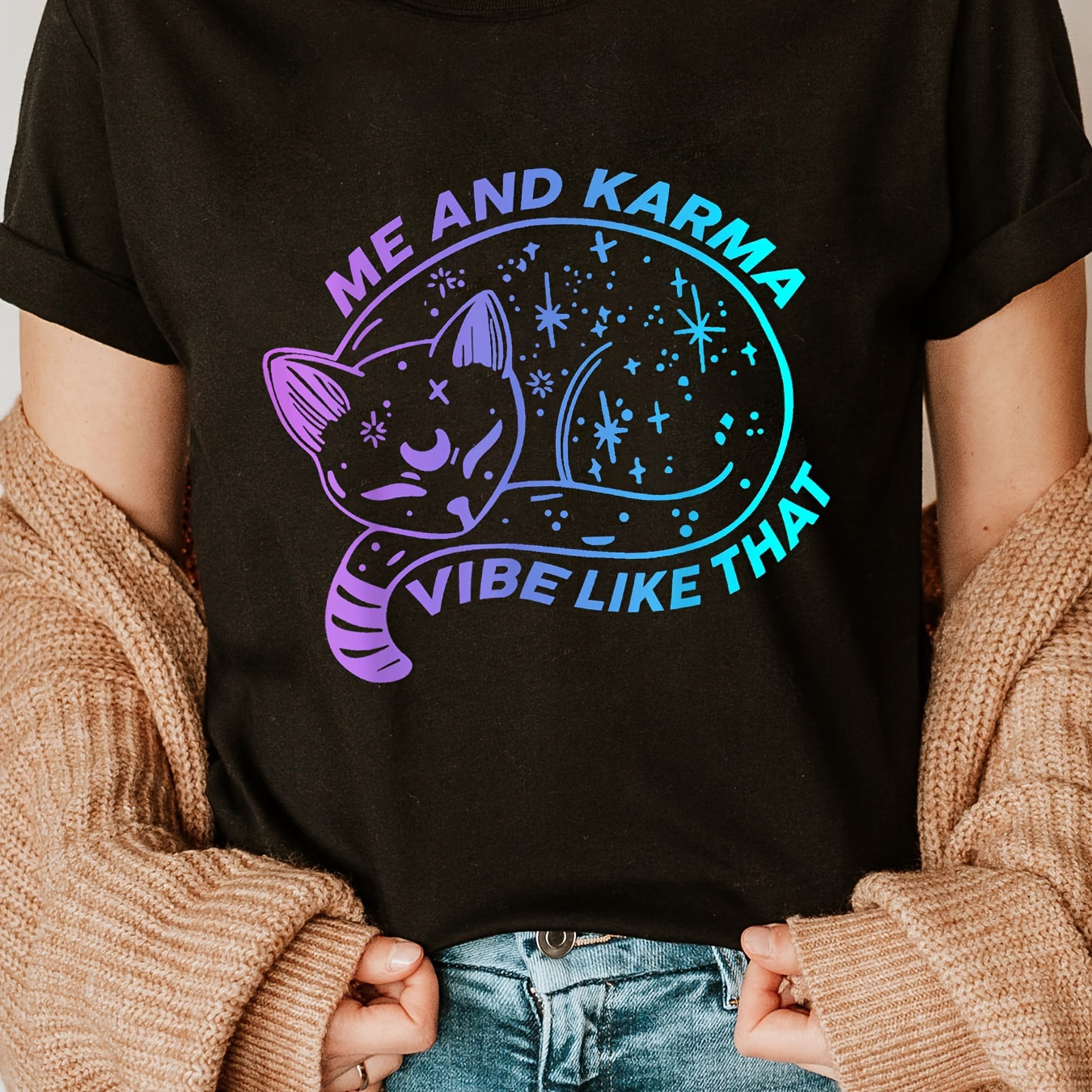 

Cat Print Crew Neck T-shirt, Short Sleeve Casual Top For Summer & Spring, Women's Clothing