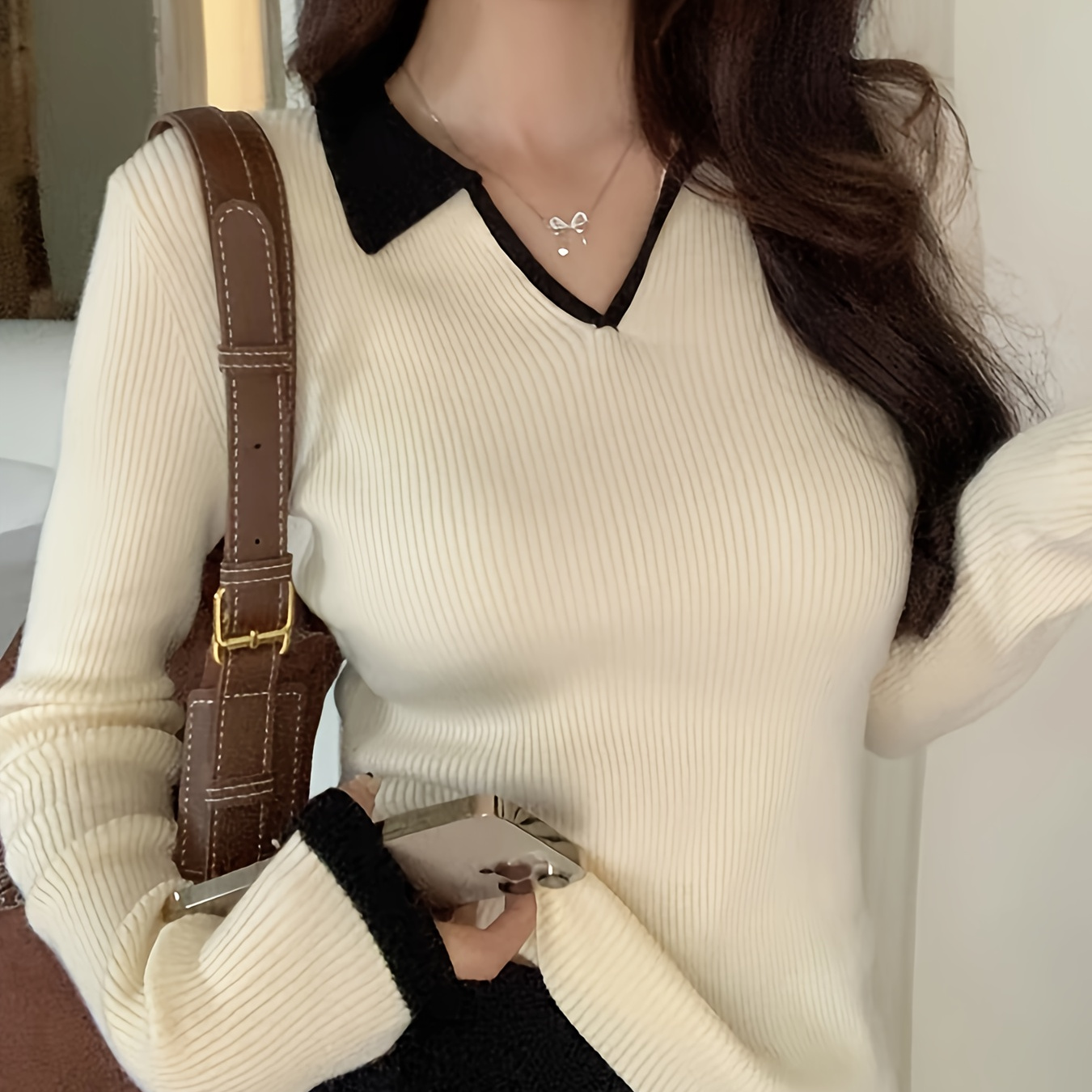 

Contrast Trim Ribbed Collared Sweater, Elegant Long Sleeve Sweater For Fall & Winter, Women's Clothing