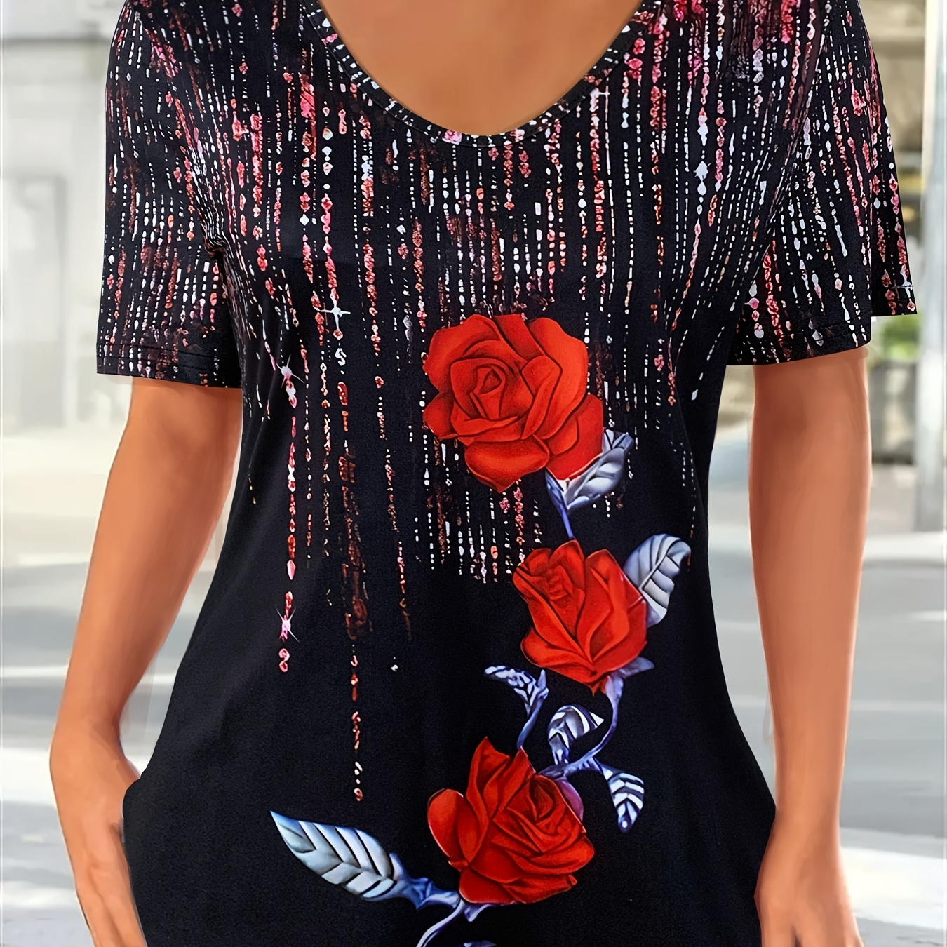 

Rose Print V Neck T-shirt, Casual Short Sleeve T-shirt For , Women's Clothing