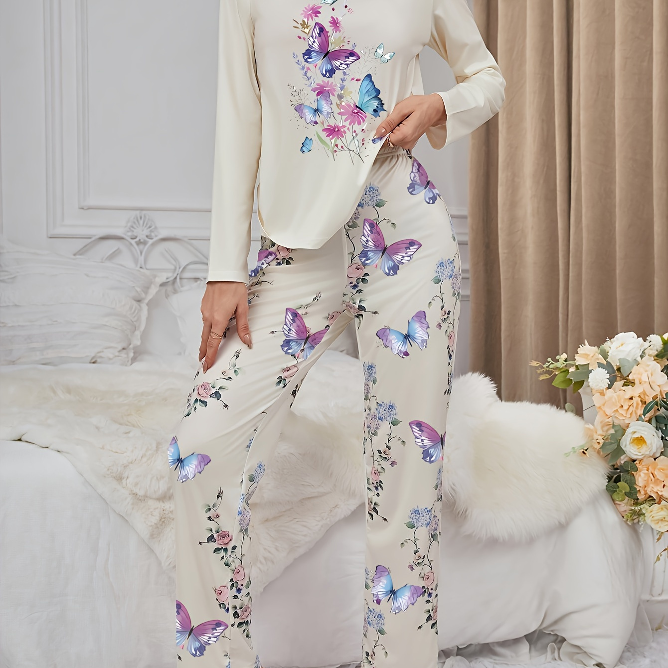 

Women' & Floral Print Pajama Set, Long Sleeve Round Neck Top With Loose Fit Pants, Polyester , Adult Sleepwear For Autumn/winter Season