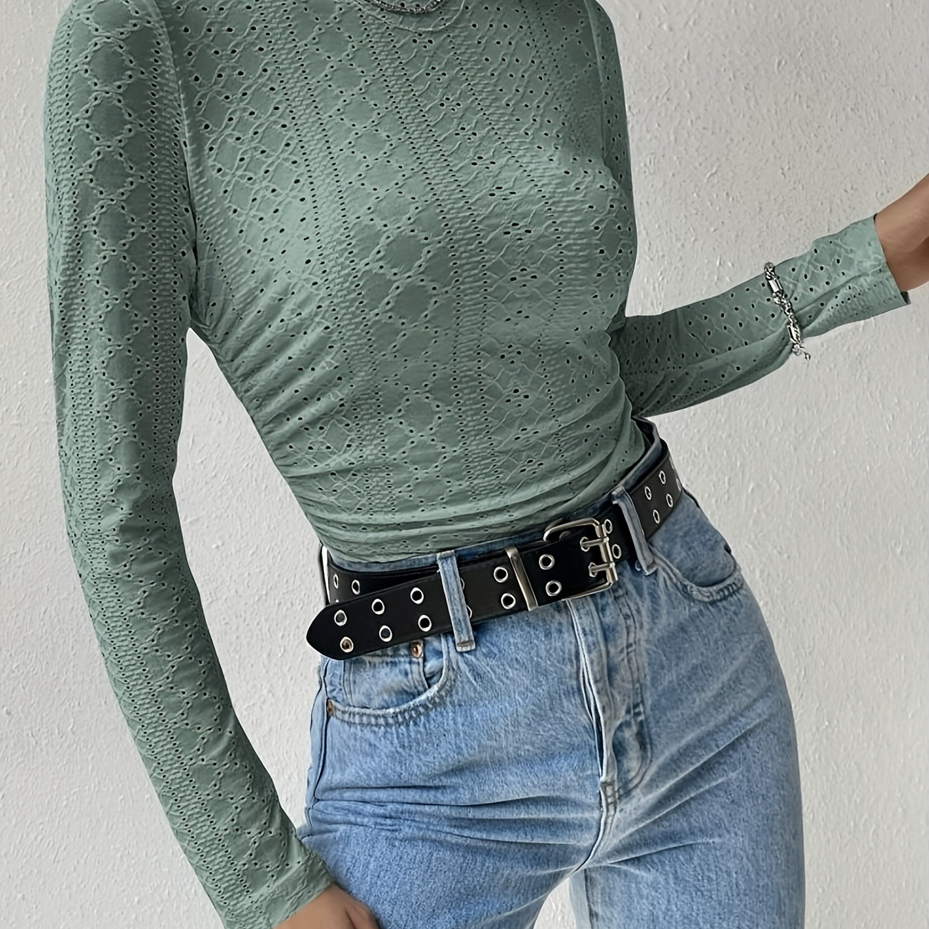 

Solid Eyelet Mock Neck T-shirt, Elegant Long Sleeve T-shirt For Spring & Fall, Women's Clothing