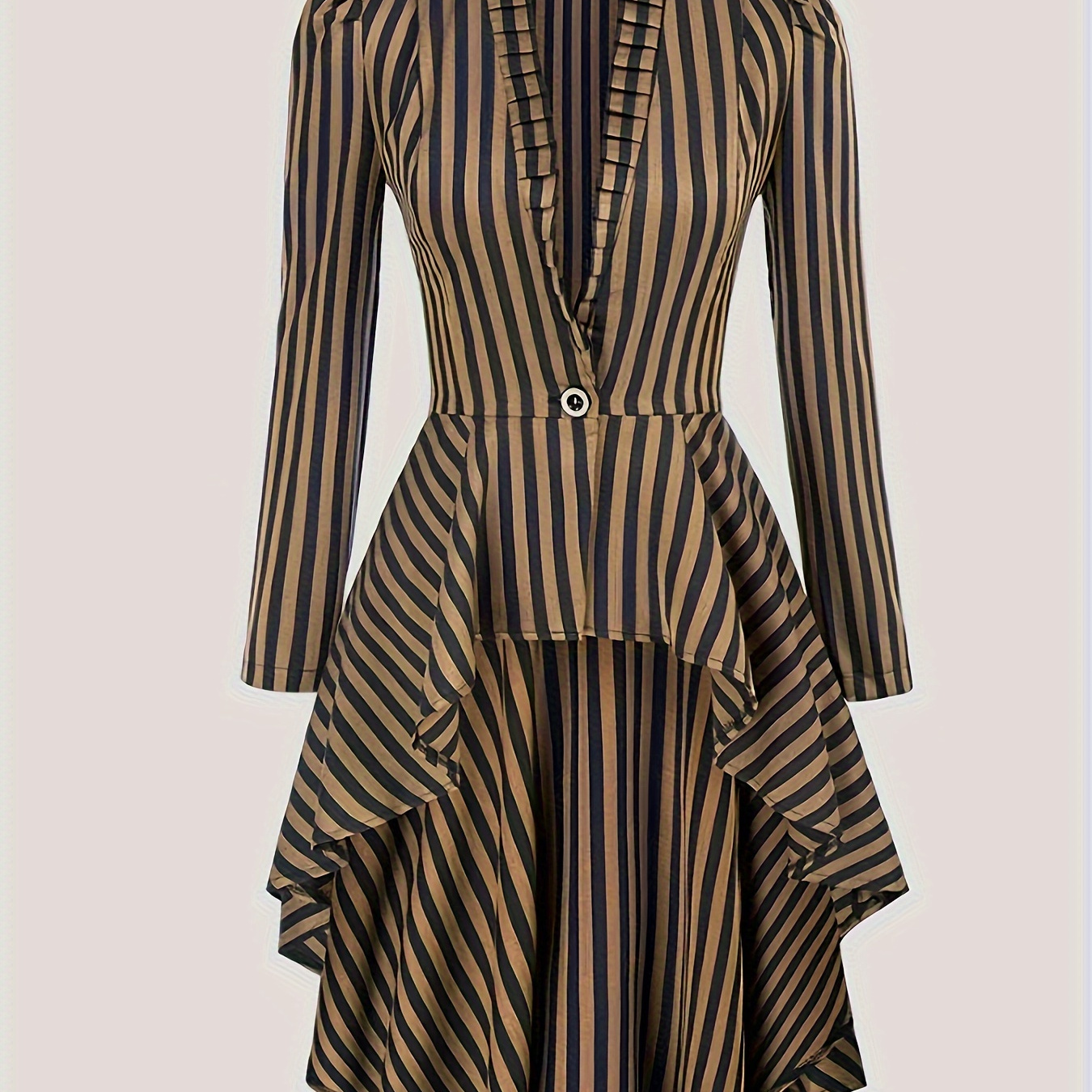 

Elegant Women's Steampunk Long Jacket With Cape - V-neck, Striped, Non-stretch Polyester, Machine Washable