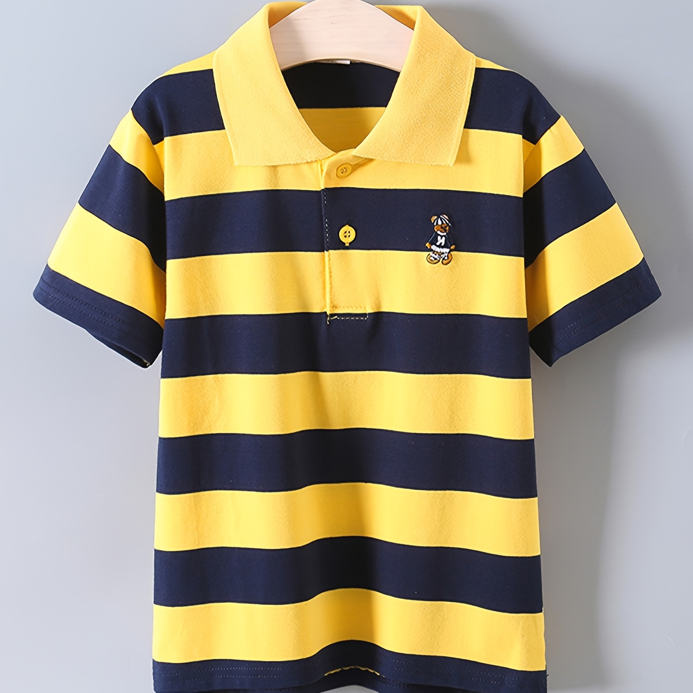 

Boys Yellow Striped Embroidered Lightweight Comfy Short Sleeve Golf Tops, Boys Clothes For Summer
