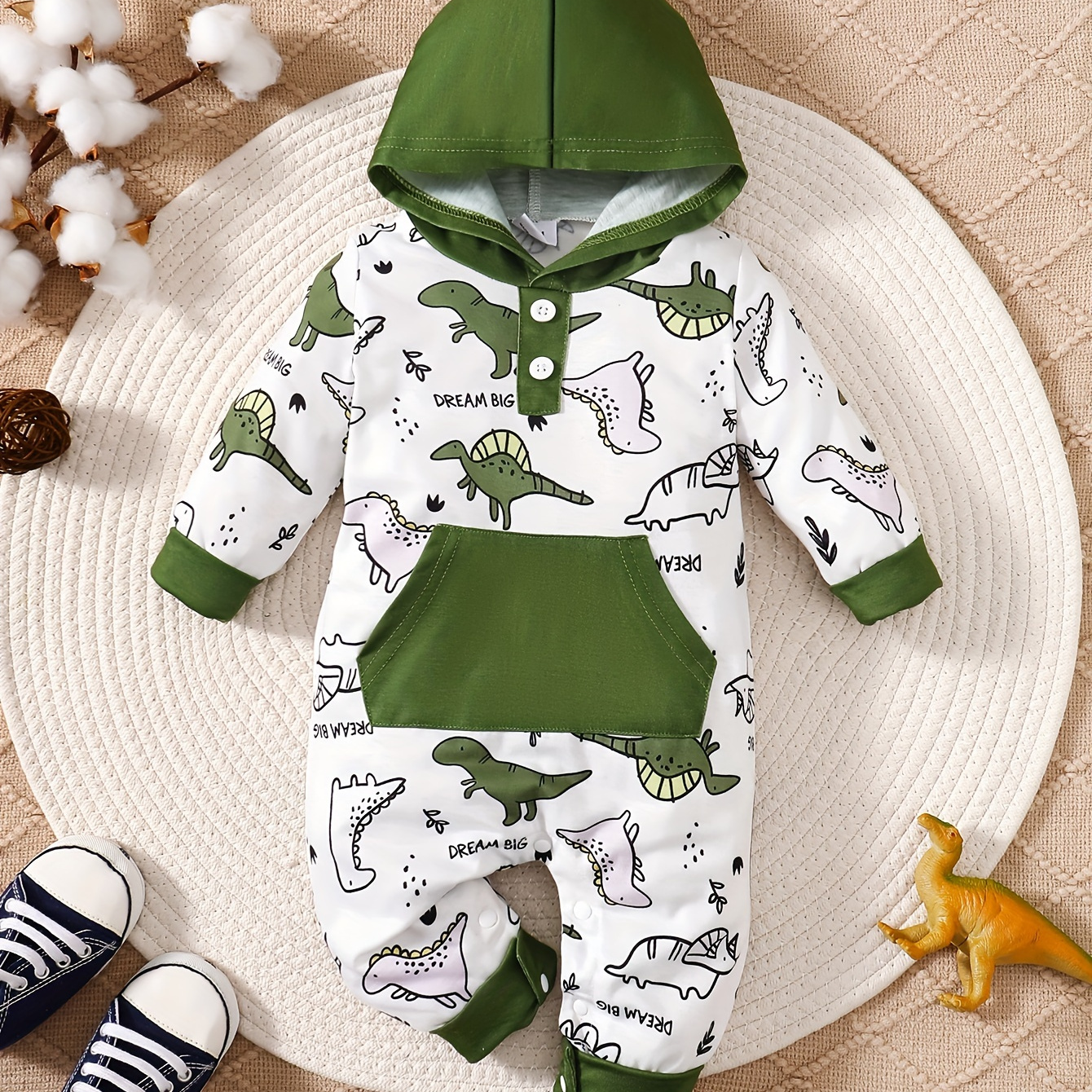 

Baby Boy's Color Clash Dinosaur Print Bodysuit, Comfy Hooded Long Sleeve Onesie, Infant's Clothing, As Gift