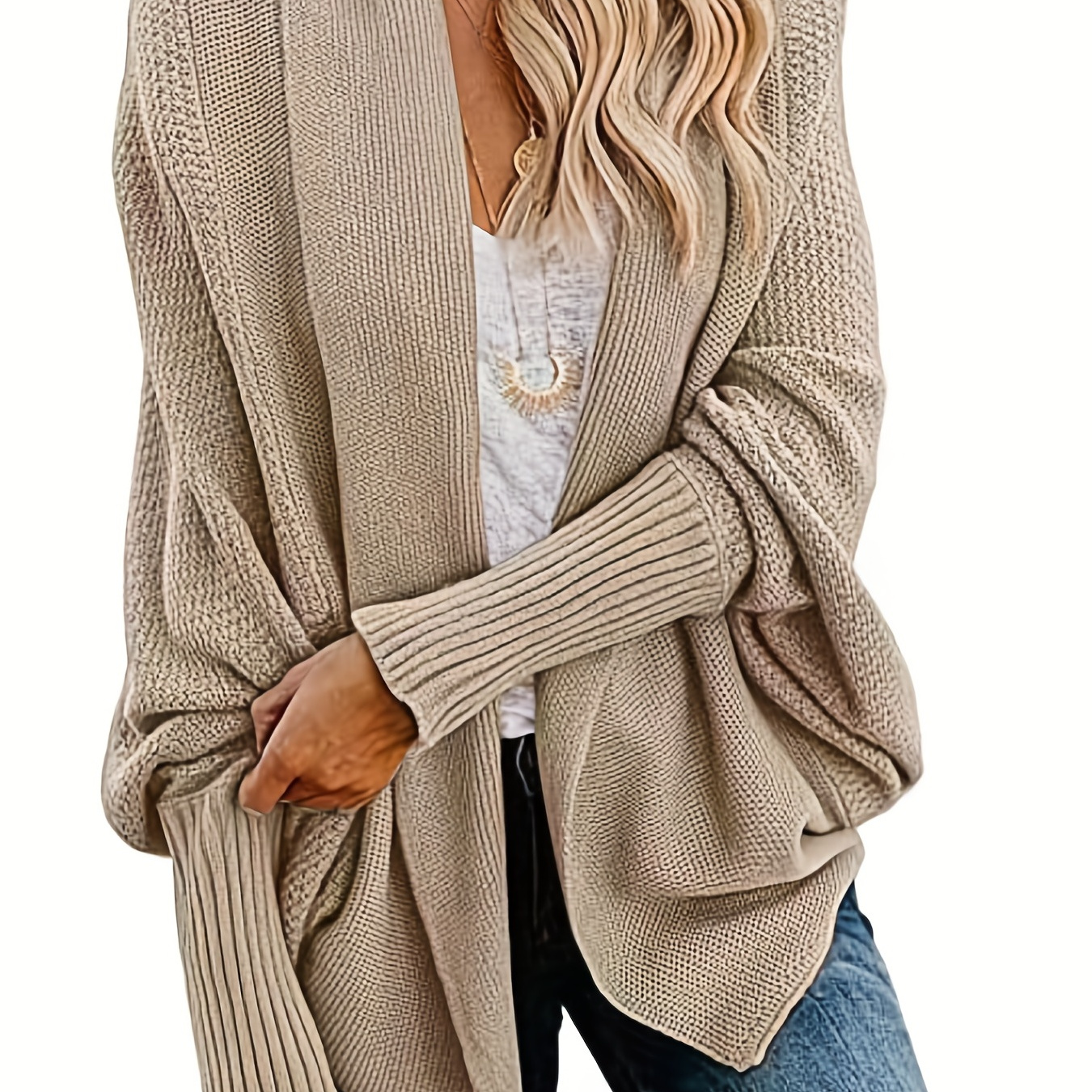 

Solid Shawl Collar Open Front Pullover Sweater, Casual Batwing Sleeve Sweater For Spring & Fall, Women's Clothing