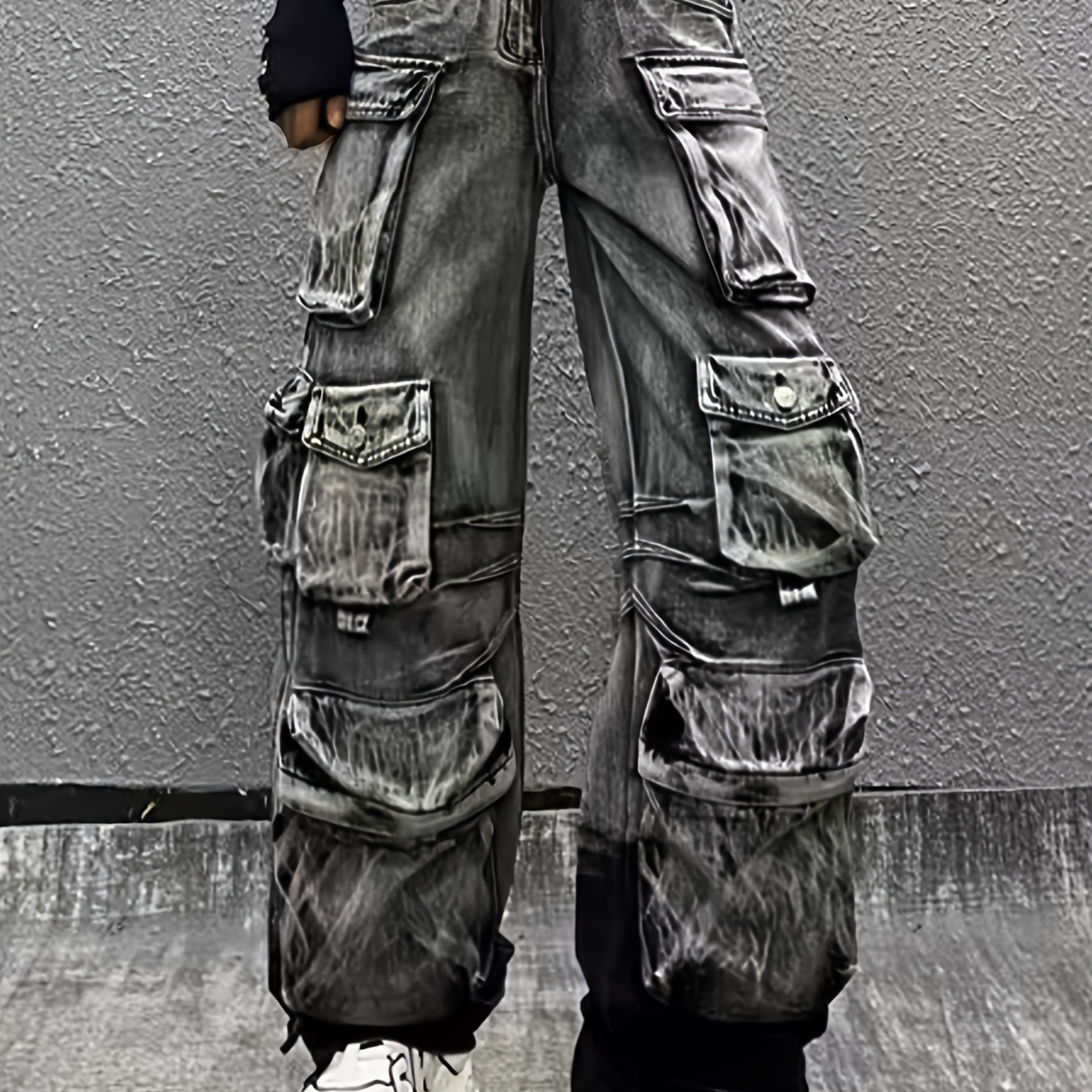 

Jean cargo ample à jambes larges et multipoches pour femmes, style streetwear délavé punk grunge