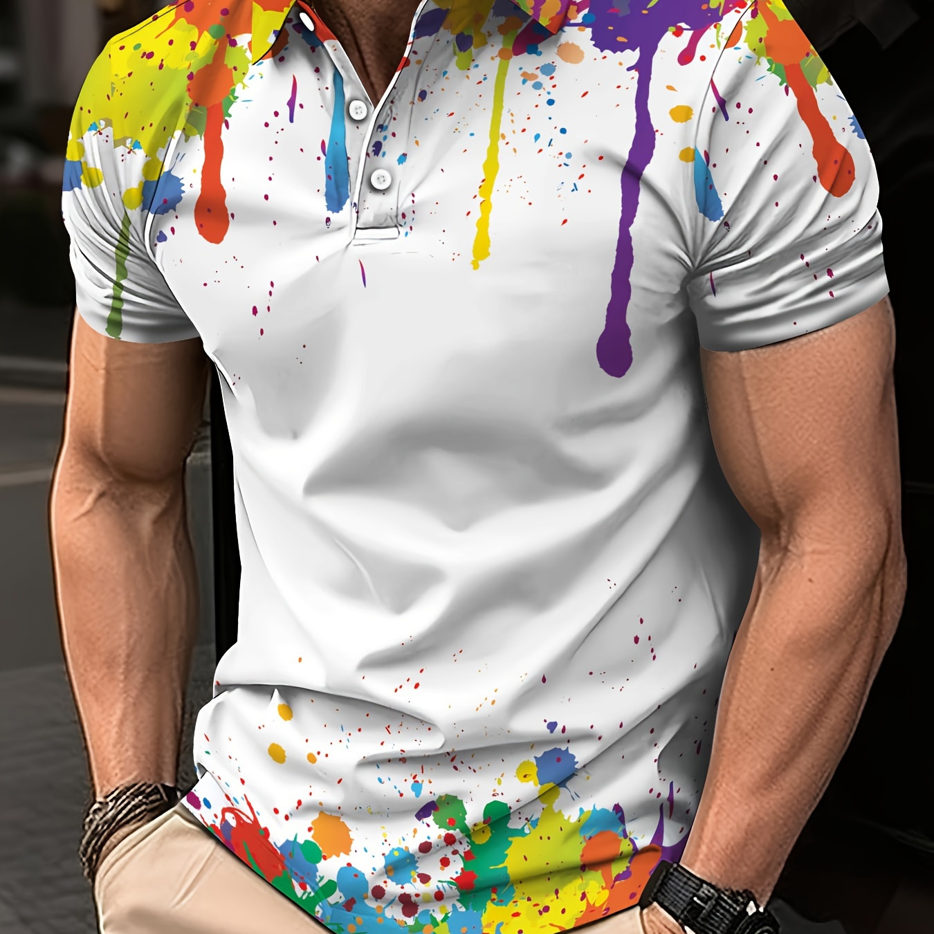 

Men's Fashion Casual Tie Dye Polo Shirt With Button Detail - 100% Polyester Lapel Collar Top With Slight Stretch, Knit Fabric, Regular - Summer Golf Casual Fashion Polo