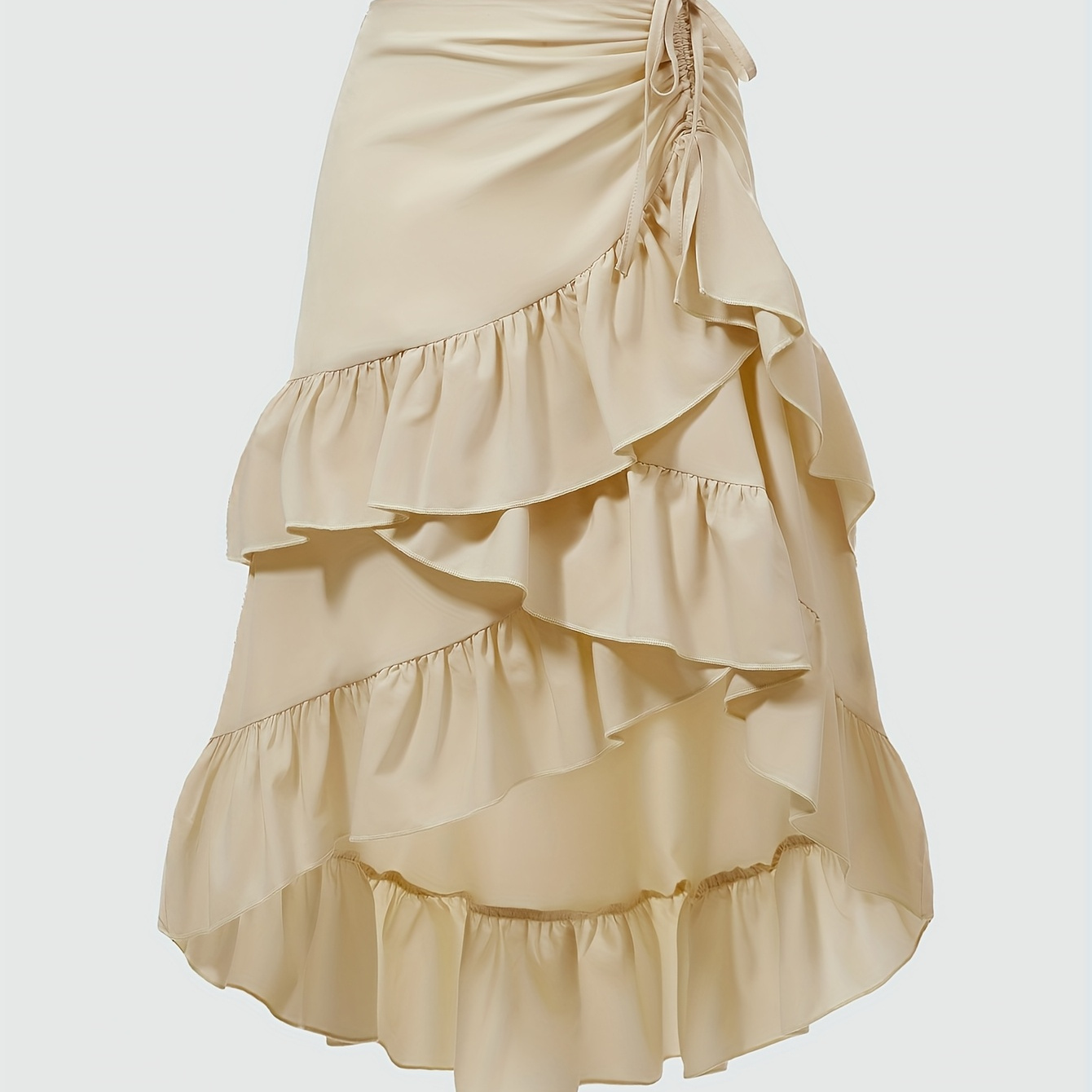 

Key European And American Fast Fashion, Women's Cream Dress With A High-low Hem, Drawstring , Party Dress, Bohemian Dress, Lunch Dress, Summer Women's Style Clothing, Old Money Style Dress.