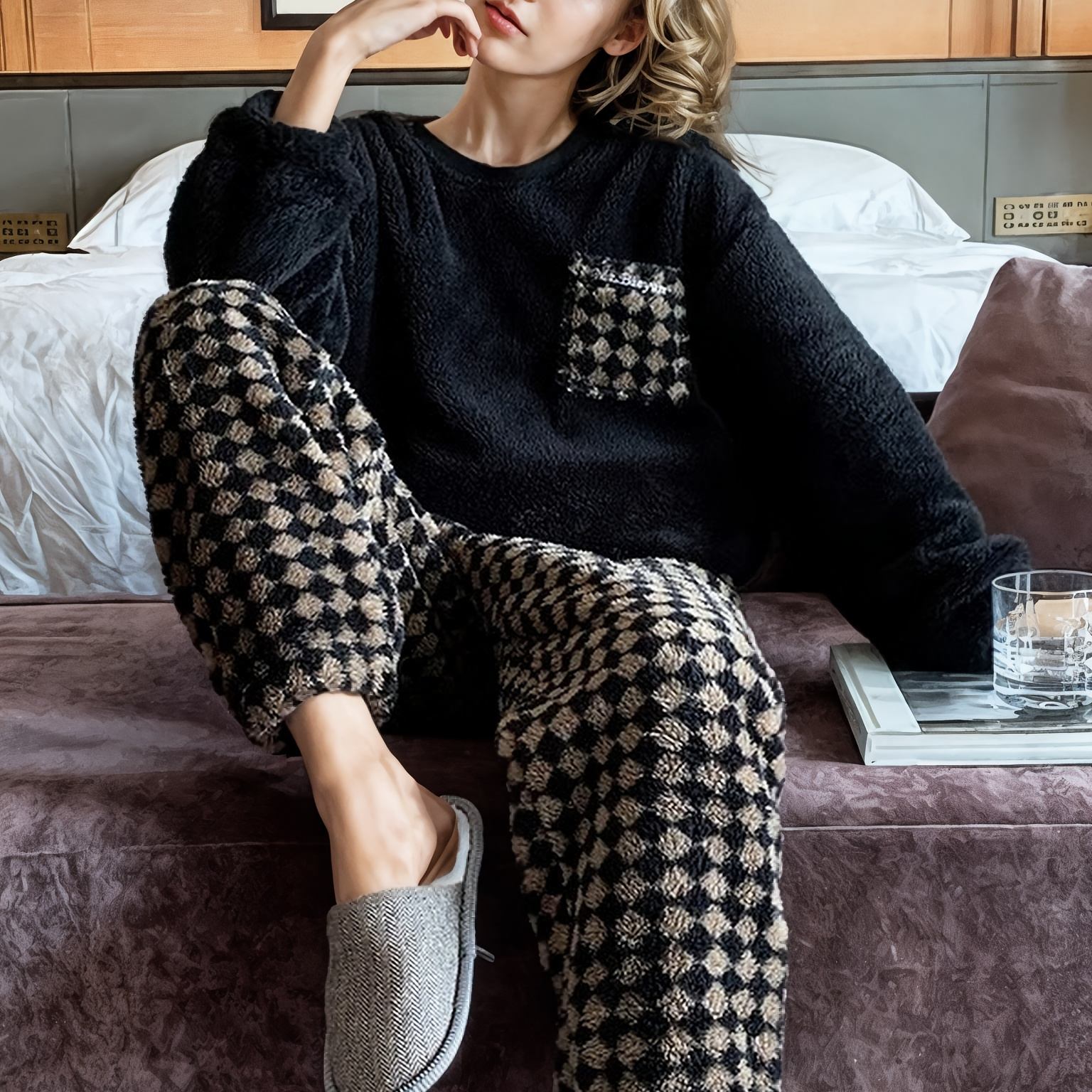 

Women's Cozy Polyester Plaid Pajama Set - Crew Neck Long Sleeve Top And Long Pants, 100% Polyester Knit Fabric, Loungewear Set