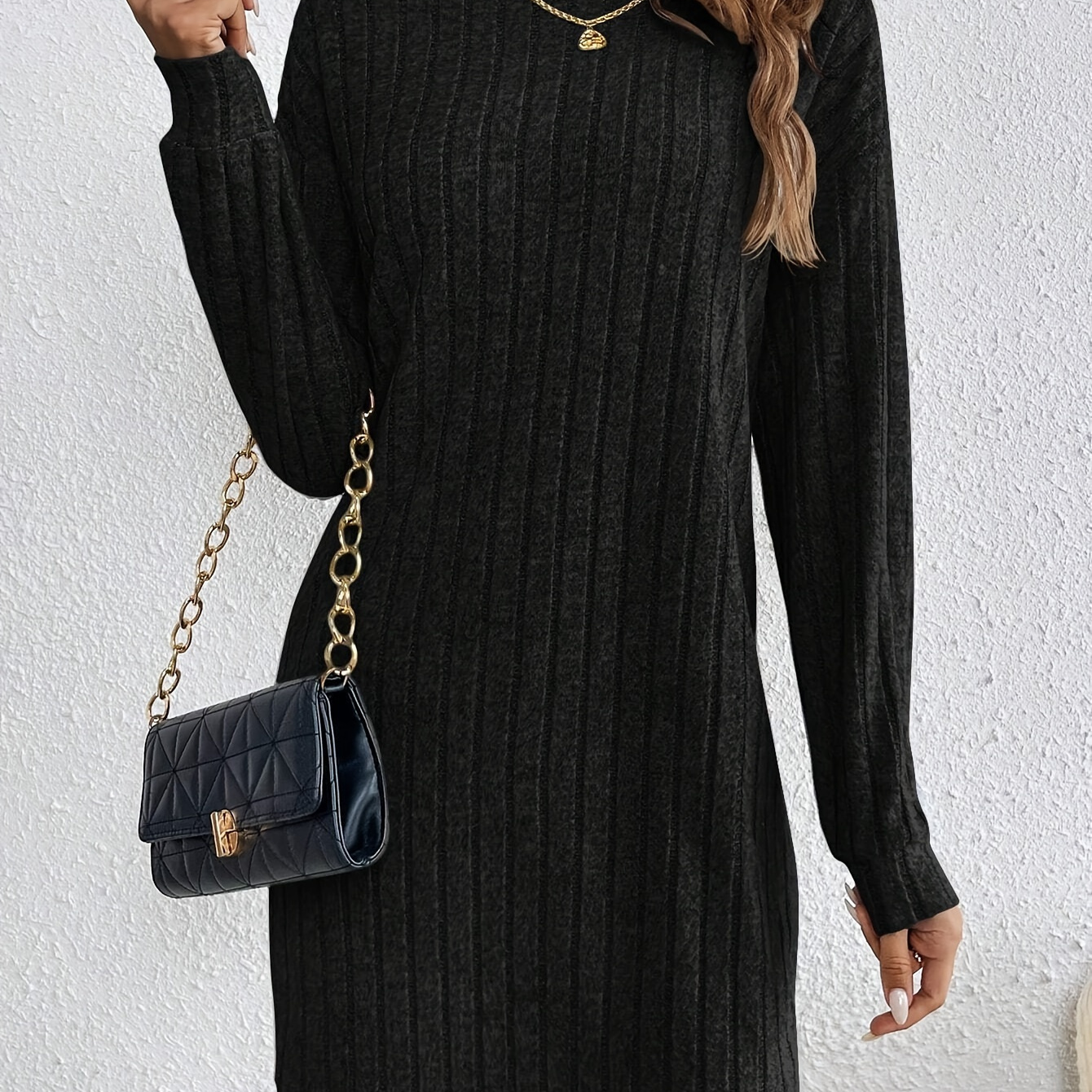 

Mock Neck Rib Knit Dress, Elegant Long Sleeve Midi Dress For Spring & Fall, Women's Clothing