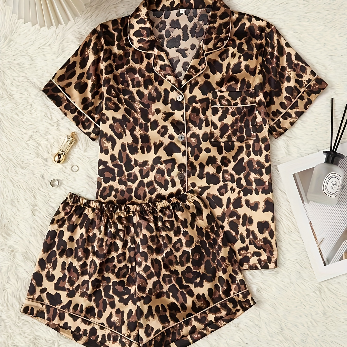 

Women's Leopard Print Mature Satin Pajama Set, Short Sleeve Button- Collar Top And Shorts, Comfortable Loose Fit