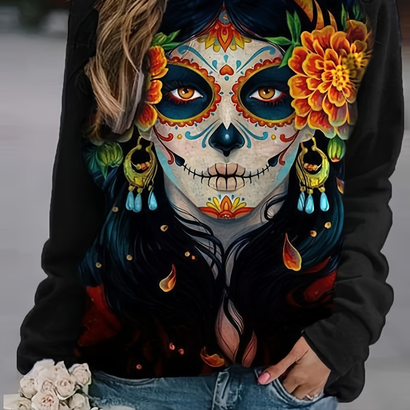 

Halloween Figure Print Sweatshirt, Day Of The Dead Long Sleeve Casual Sweatshirt, Women's Clothing