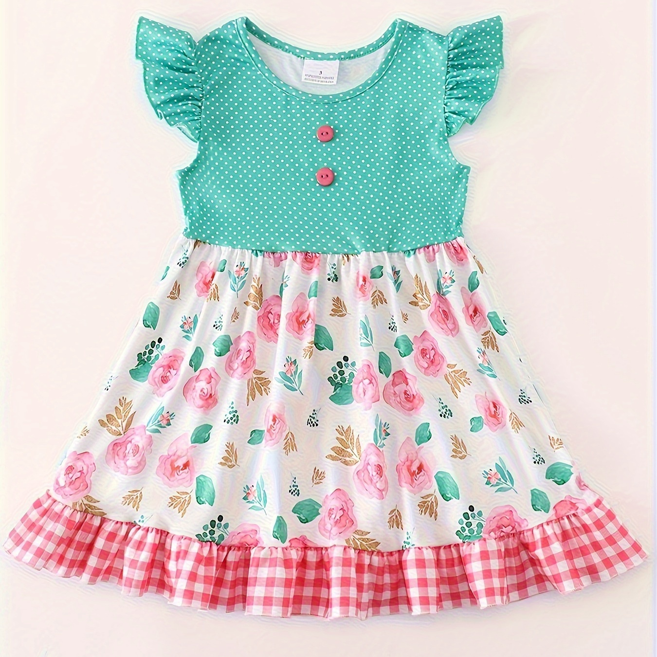 

Sweet Button Decor Splicing Polka Dot Print Ruffle Sleeve Dress For Girls Summer Party