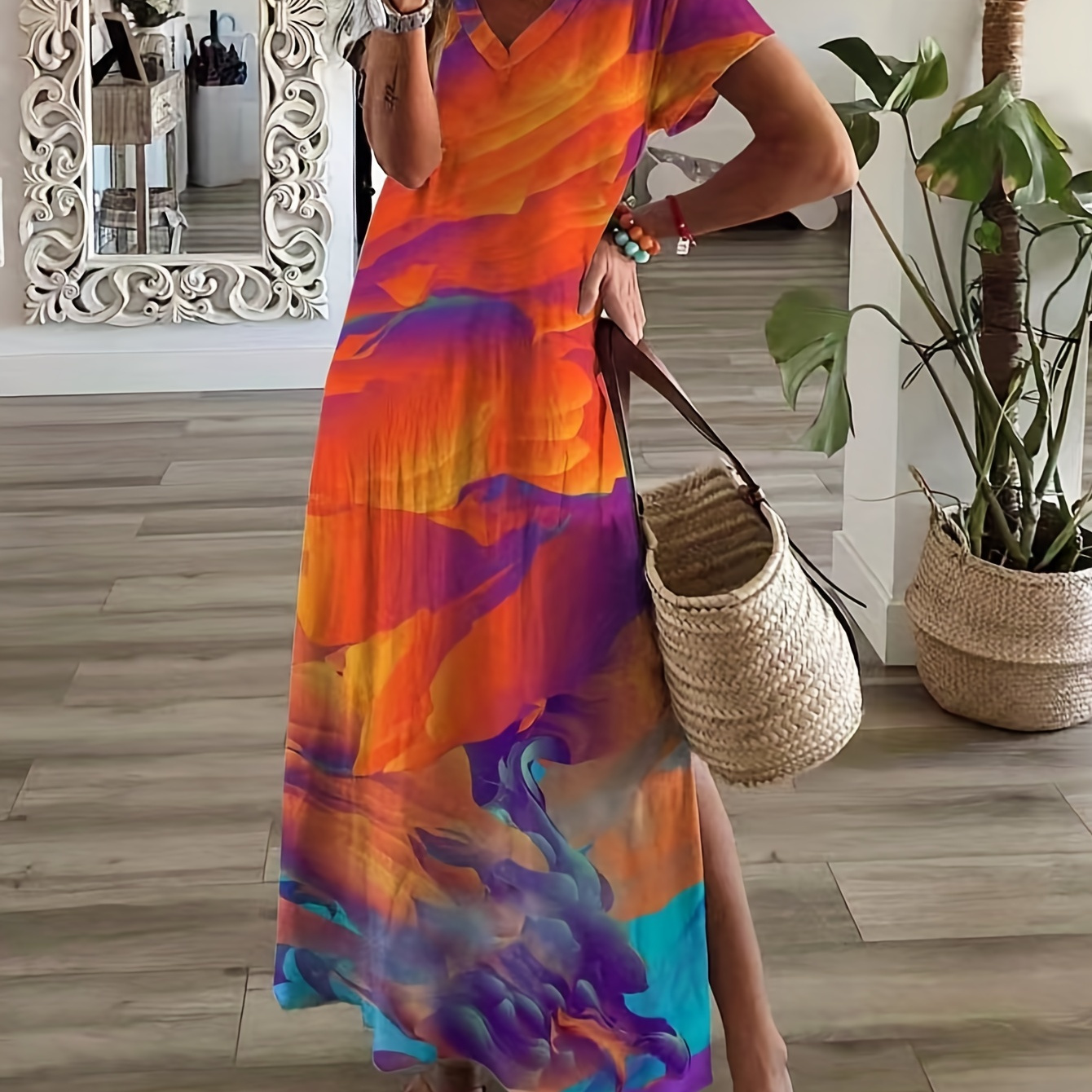 TEMU Plus Size Elegant Dress, Women's Plus Floral Print V Neck Short Sleeve Boho Maxi Dress