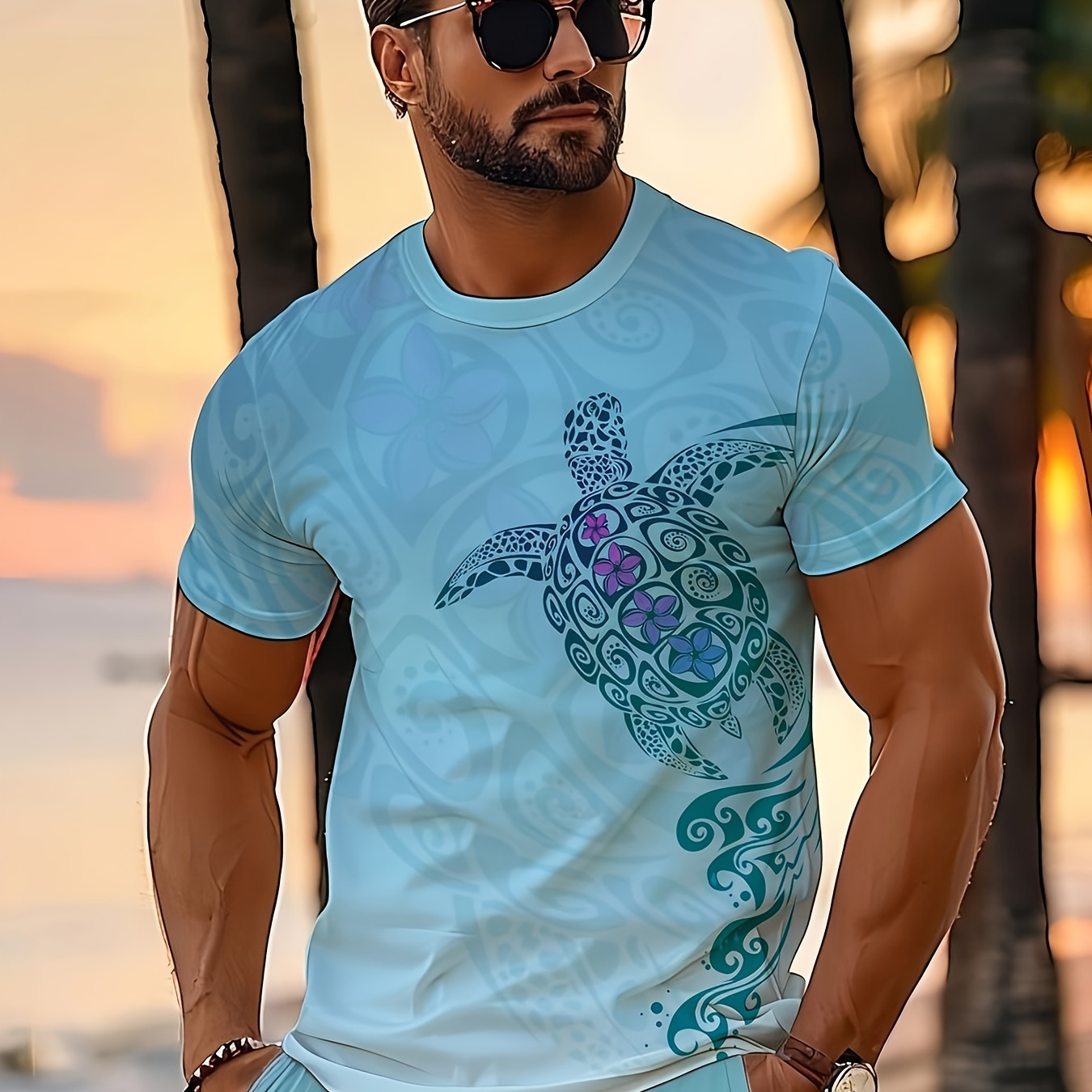 

Men's Turtle Graphic Print T-shirt, Casual Short Sleeve Crew Neck Tee, Men's Clothing For Outdoor