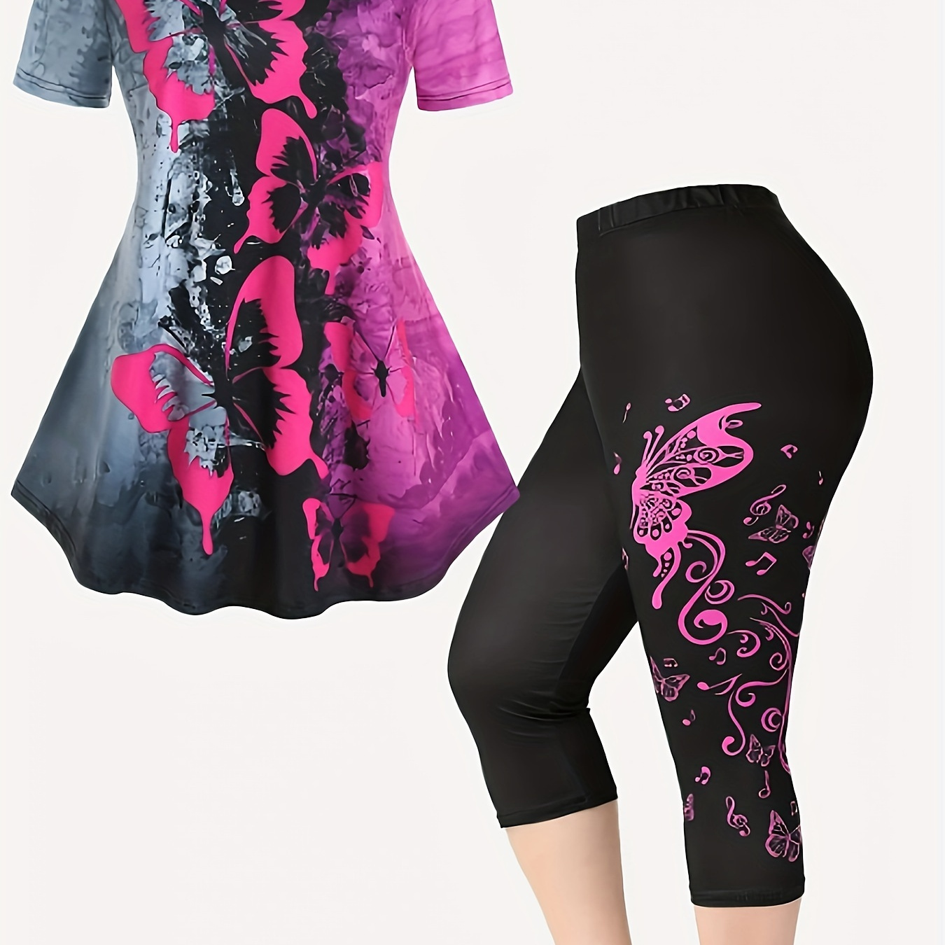 

Plus Size Butterfly Print Two-piece Set, Crew Neck Short Sleeve Top & Skinny Capri Pants Outfits, Women's Plus Size Clothing