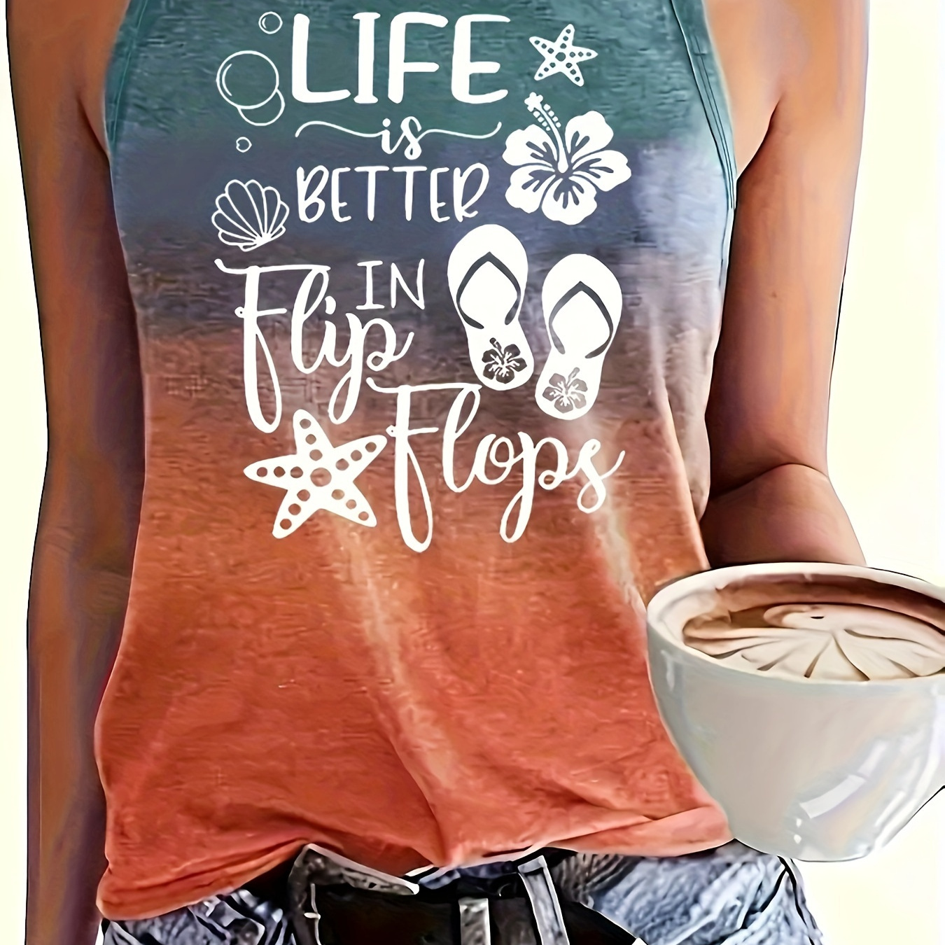 

Plus Size Life Print Tank Top, Casual Crew Neck Sleeveless Top, Women's Plus Size clothing