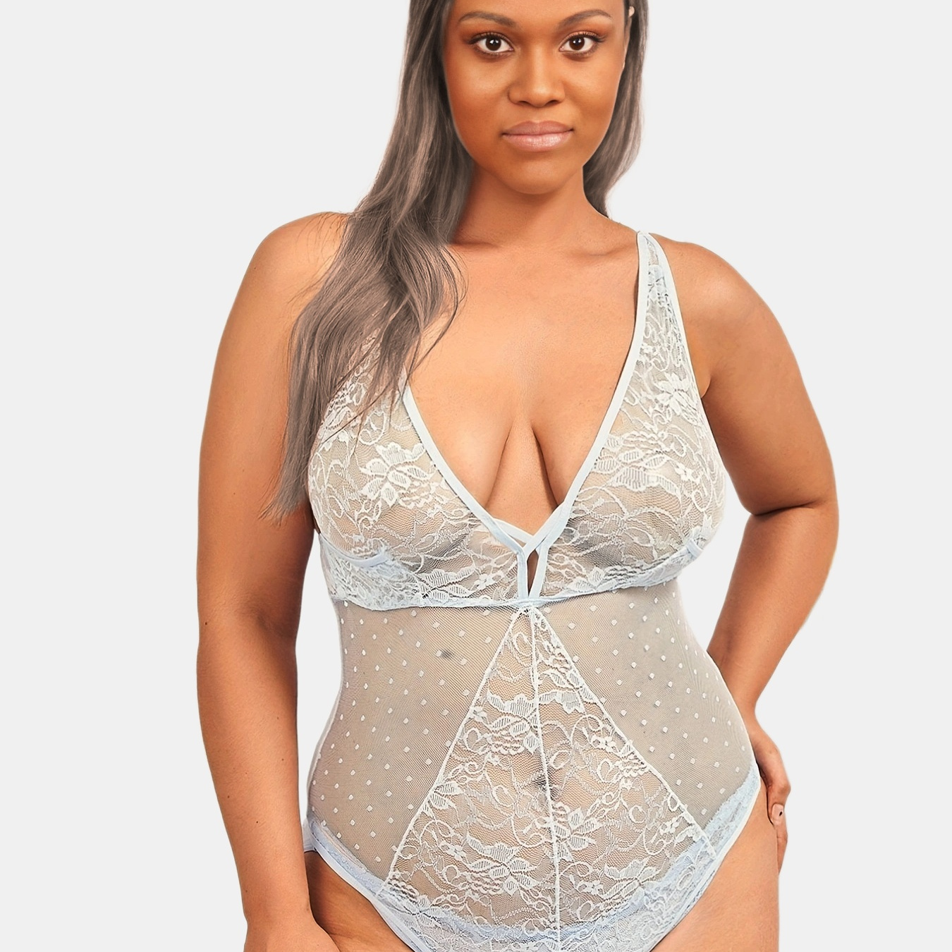 Women's Sexy Lingerie Bodysuit, Plus Size Contrast Lace Tummy Control  Spaghetti Strap Sheer Teddy Bodysuit