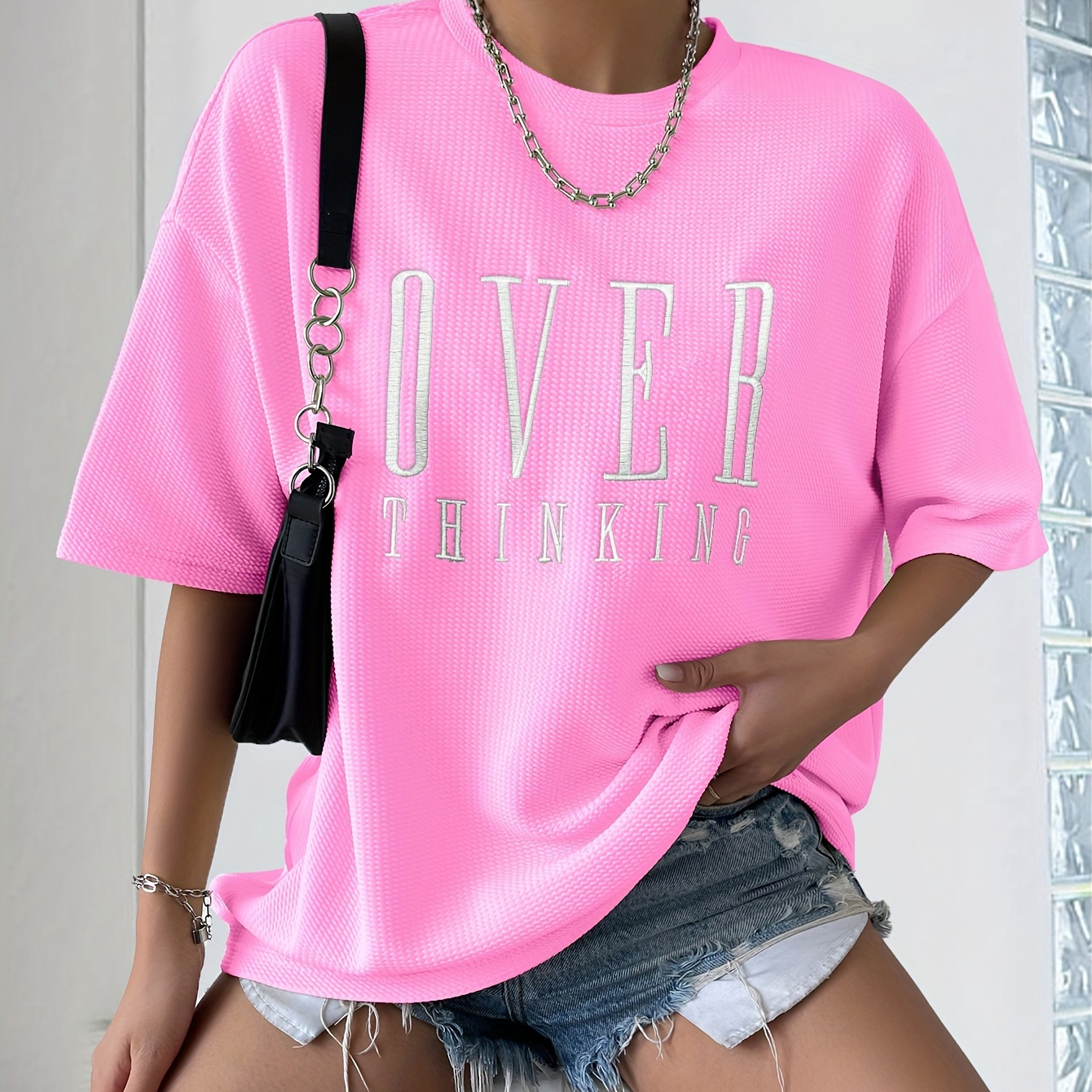 

Letter Embroidered Crew Neck Loose T-shirt, Young Drop Shoulder Top For Spring & Summer, Women's Clothing