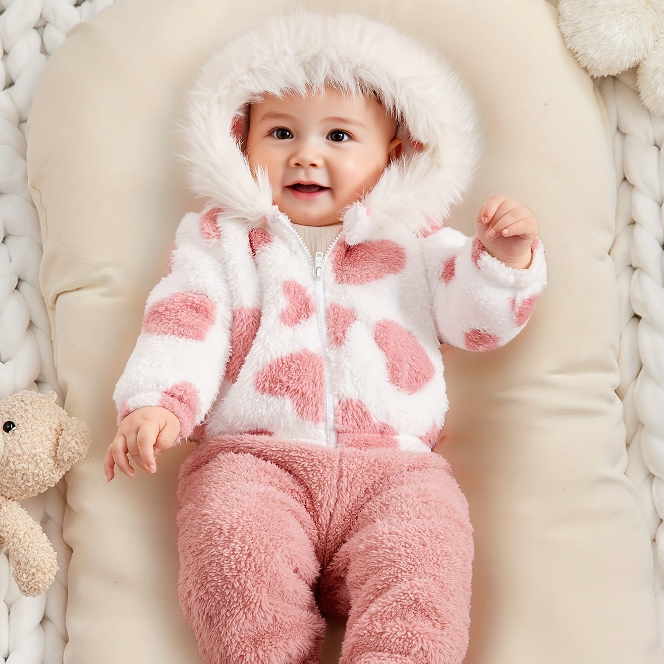 TEMU Pattern Fleece Jacket And Pants Set For Baby Girl Warm Hooded Zippered Jacket With Slight Stretch, Regular Fit, Long Sleeves, Suitable For Outdoor, Casual, Party, And Holiday Gifts, 0-3 Years
