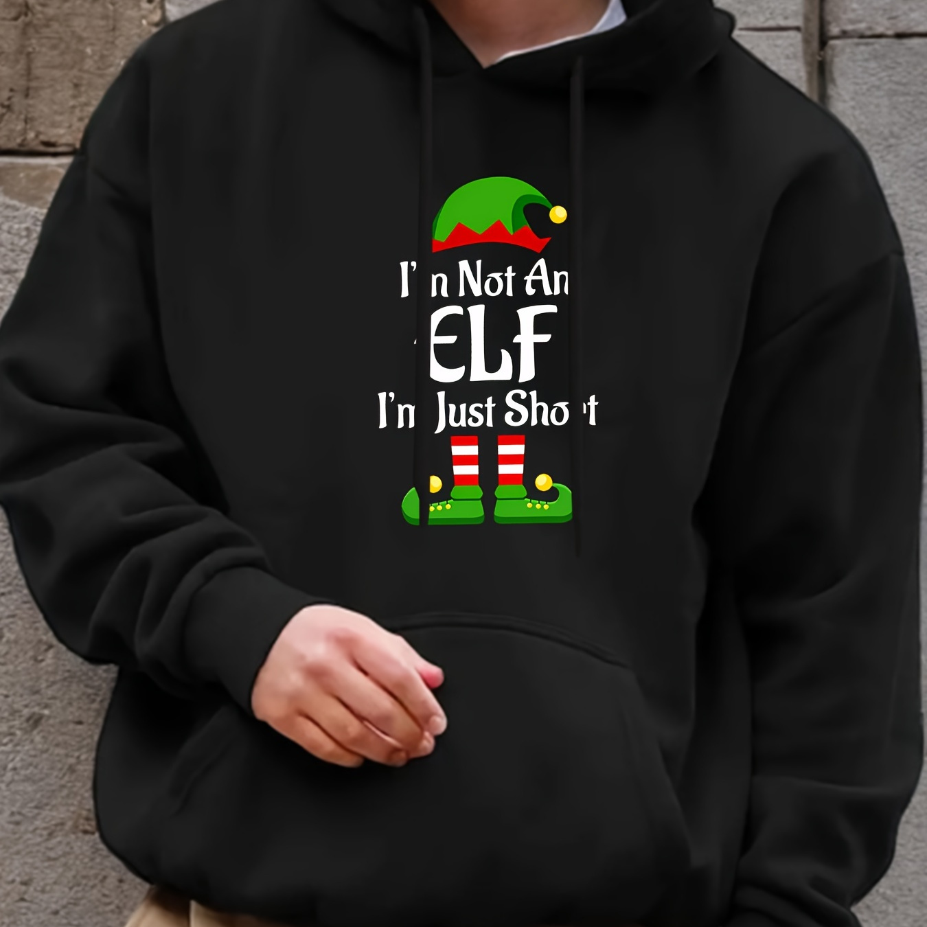 

Men' Hoodie, Geometric Print, Regular Fit, Casual Crewneck Sweatshirt With Kangaroo Pocket, Polyester, Stretch Knit, For Fall/winter, "i'm An Elf" Design