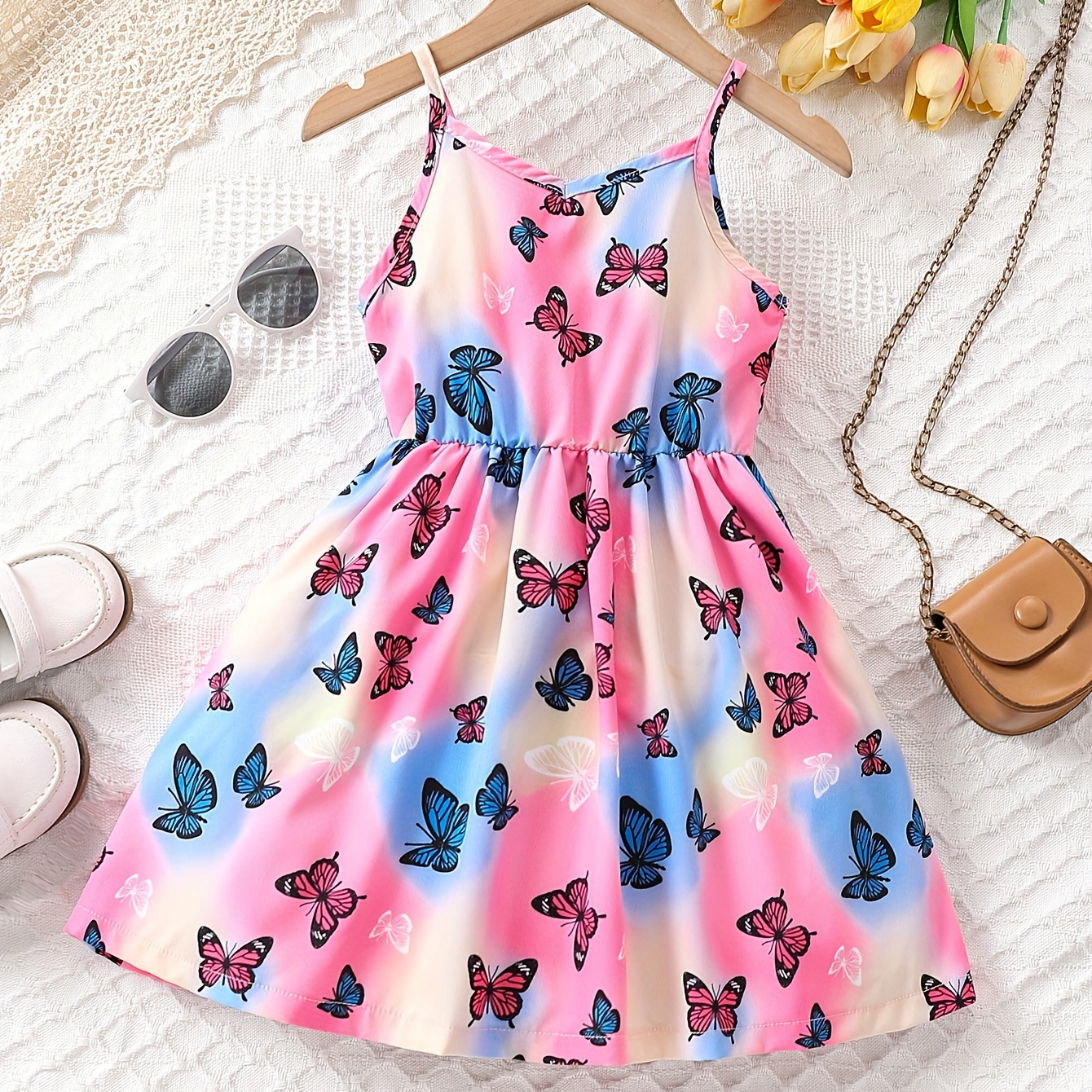 

Girls Cute Butterfly Gradient Color Print Suspender Tunic Dress For Beach Summer Party