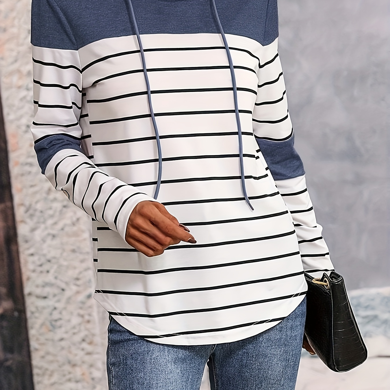 

Women's Casual Striped Color Block Drawstring Hoodie With Asymmetrical Hem - Polyester Knit Fabric, Long Sleeve, Hooded, Fall/winter Collection