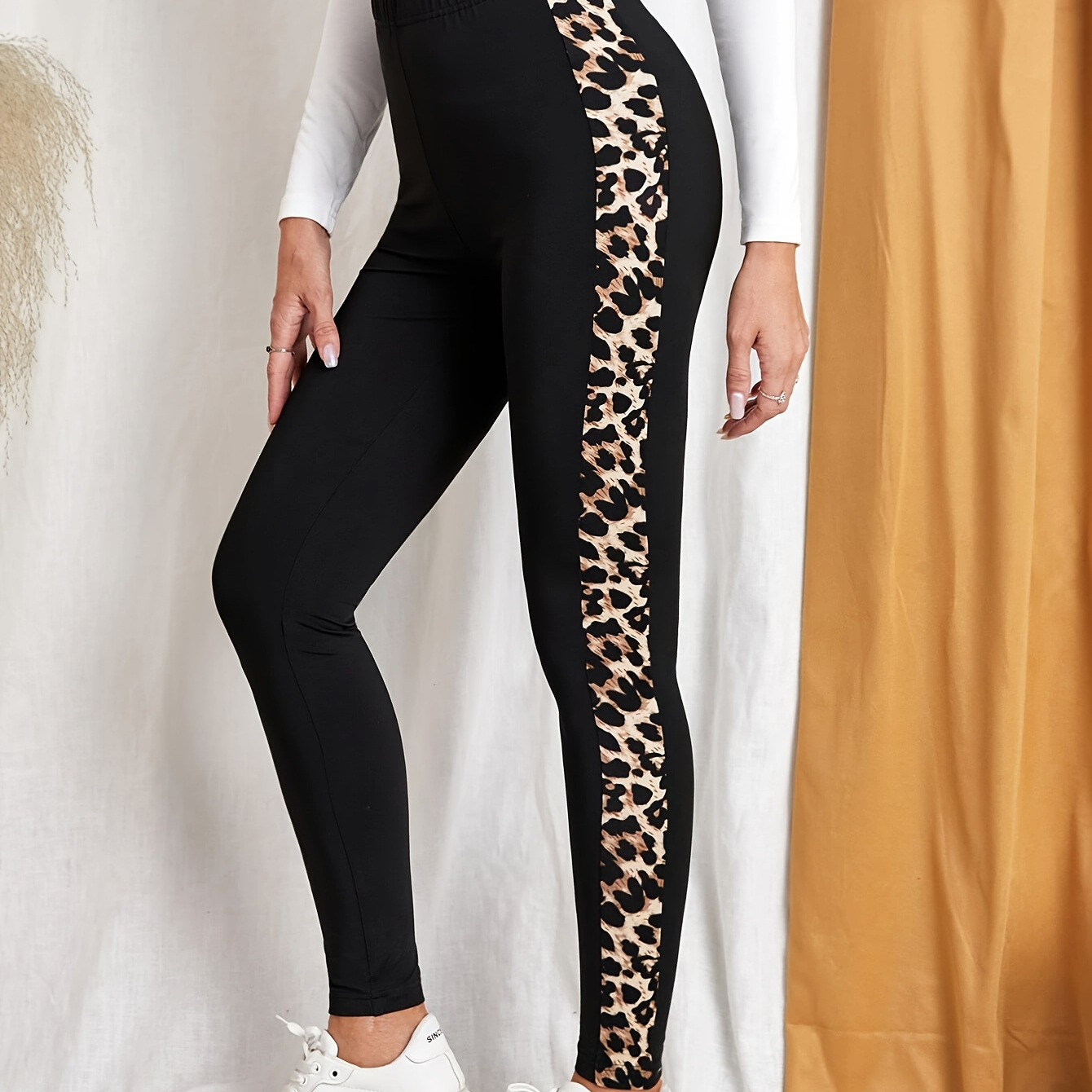 

Leopard Print High Waist Pants, Casual Color Block Skinny Pants For Spring & Fall, Women's Clothing