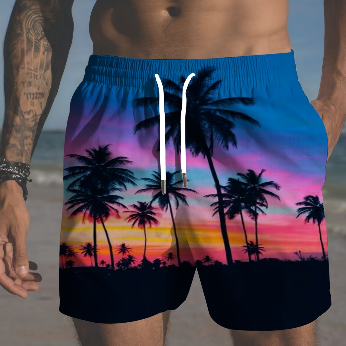 

Plus Size Men's Tropical Vibes Graphic Print Board Shorts For Summer Holiday