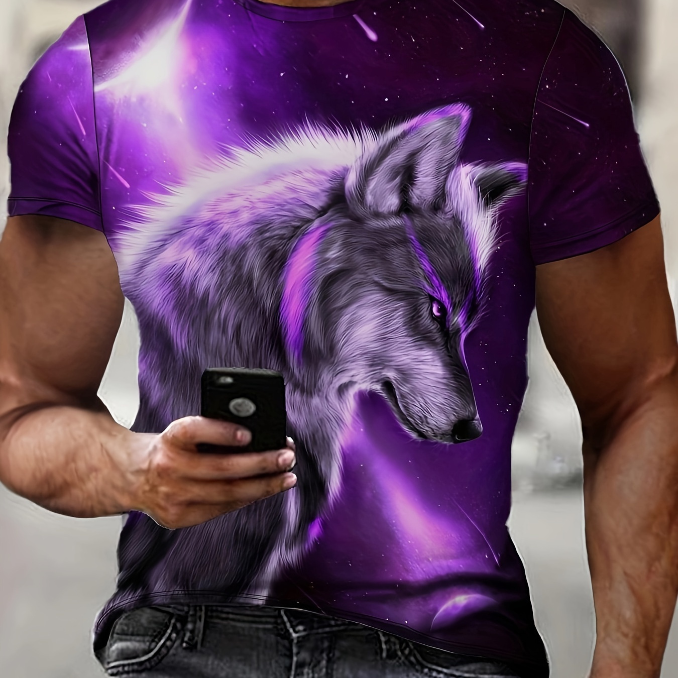 

Men's Wolf Graphic Print T-shirt, Casual Short Sleeve Crew Neck Tee, Men's Clothing For Summer Outdoor