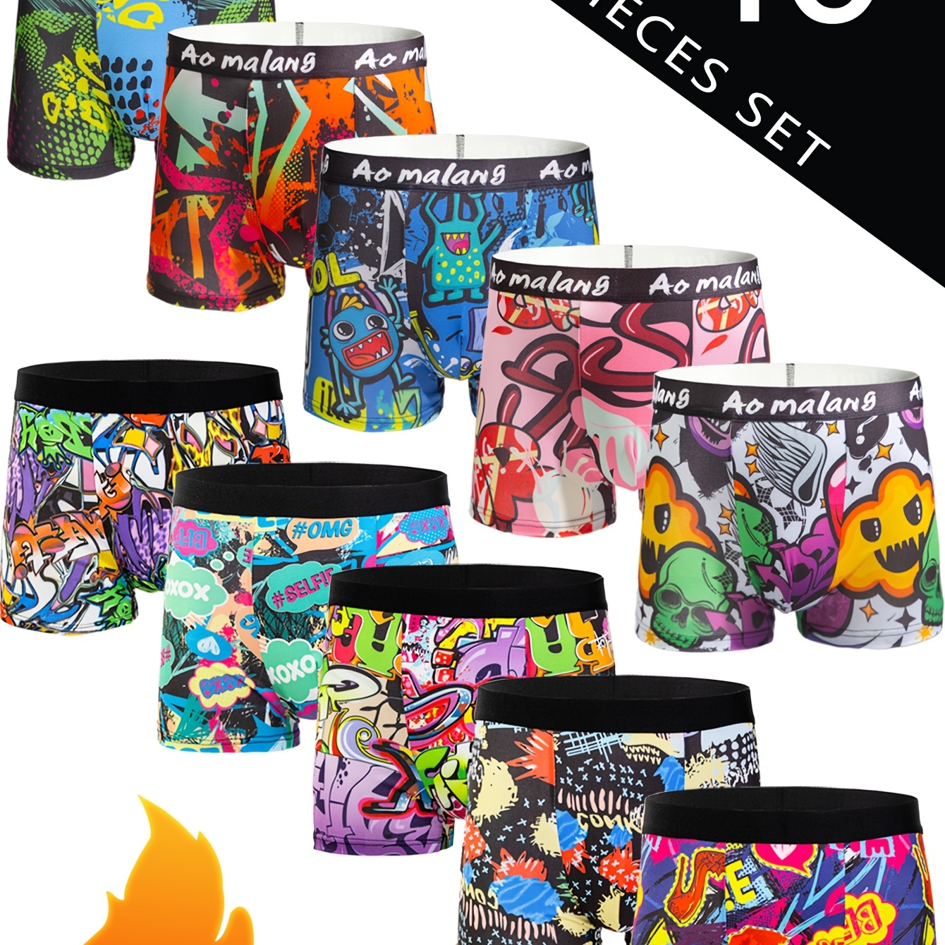 

10pcs Men's Cartoon 5 Ha Fashion Pattern Short Flat Corner Underpants, Graffiti Style Comfortable High Flat Corner Swimwear, Sports Shorts, Men's Underwear, Cycling Underpants