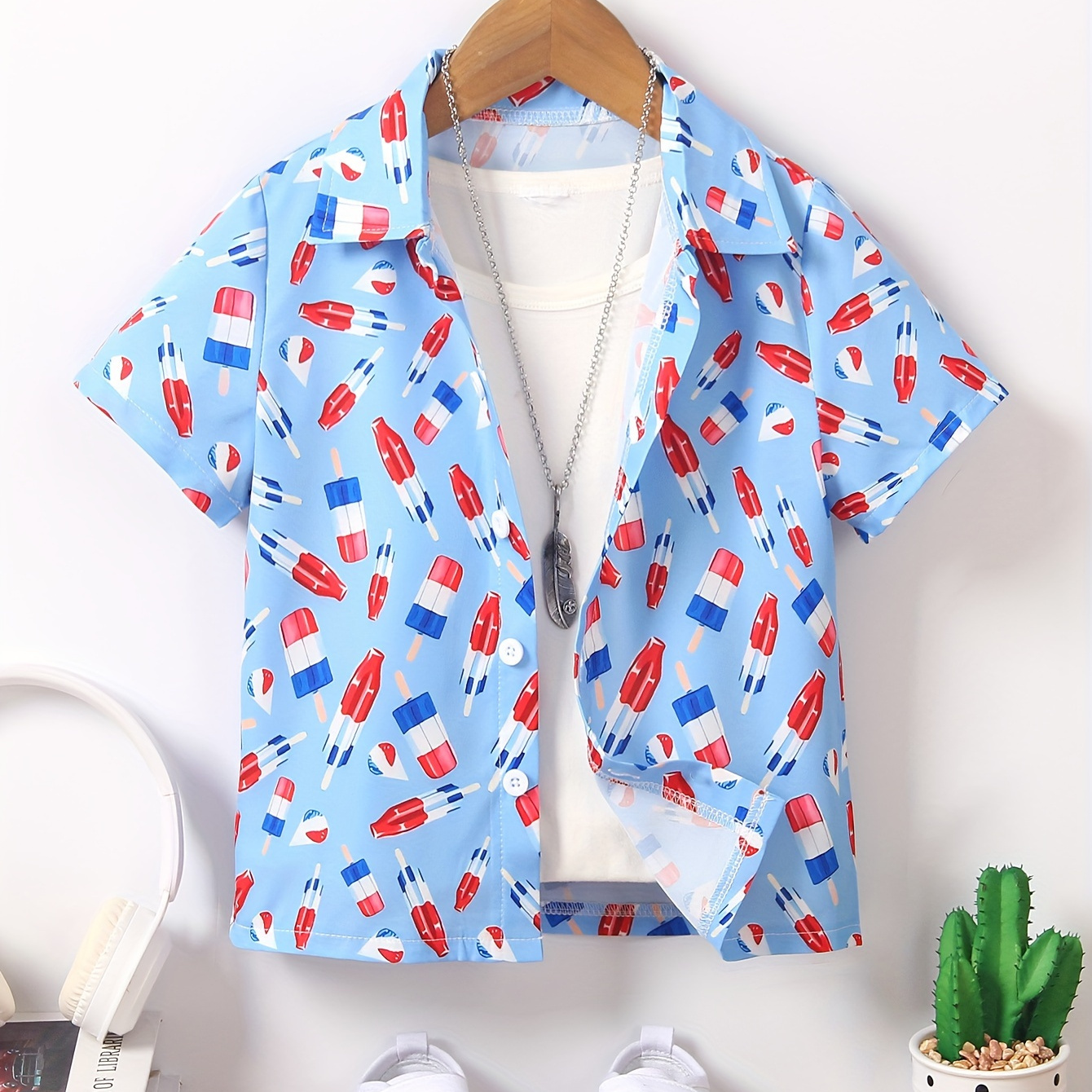 

Boy's Popsicle Pattern Hawaii Aloha Shirt, Short Sleeve Casual Comfy Button Up Loose Breathable Summer Holiday Shirt