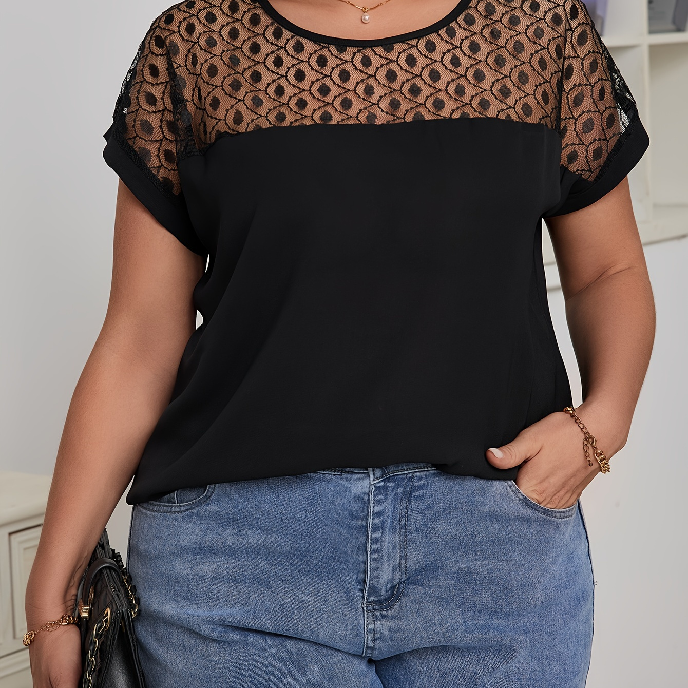 

Plus Size Lace Stitching Crew Neck Blouse, Casual Short Sleeve Blouse For , Women's Plus Size Clothing