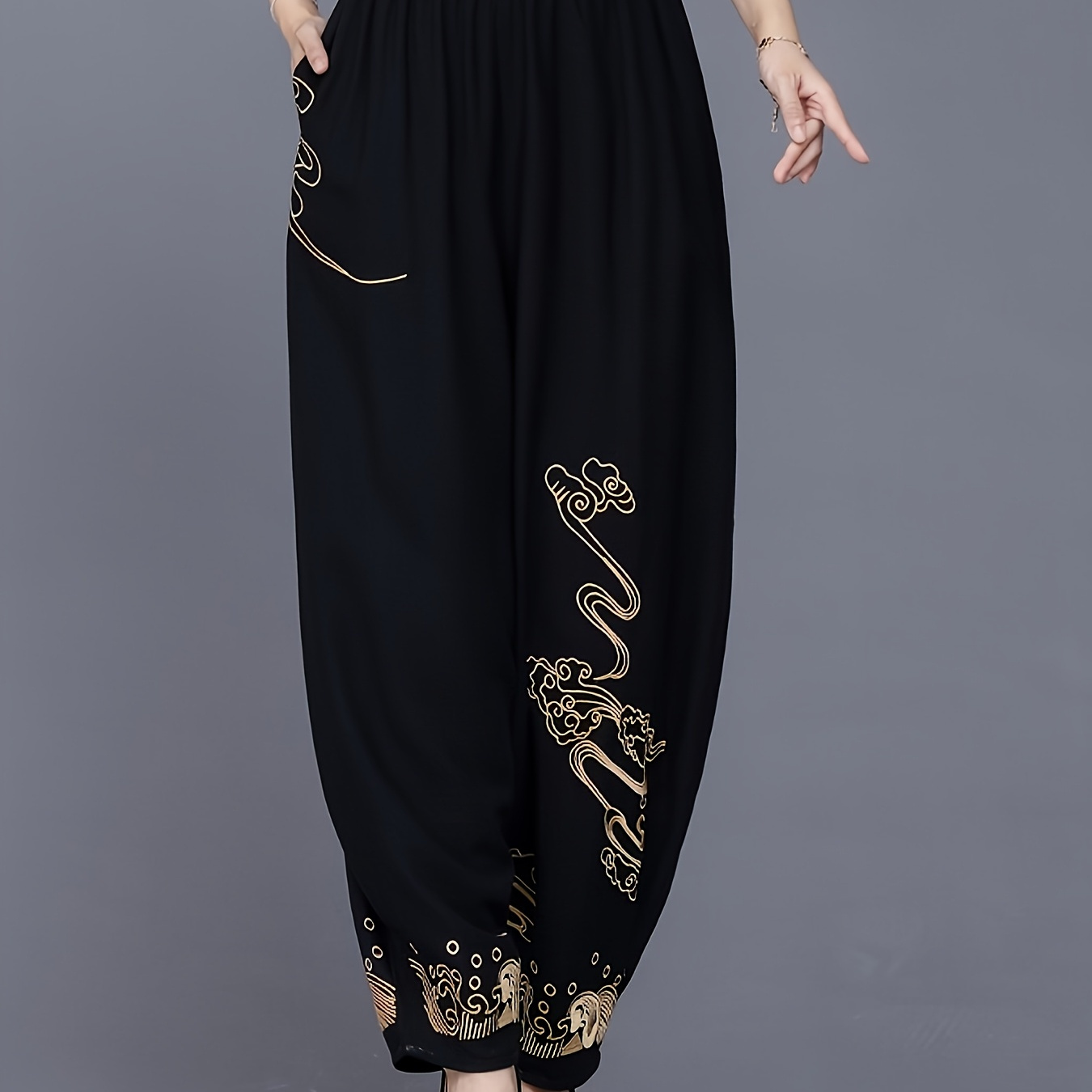 

1pc Elegant Chinese Style Embroidered Loose Fit Pants For Women, Polyester, Spring/summer/autumn, Adult, Jacquard Weave