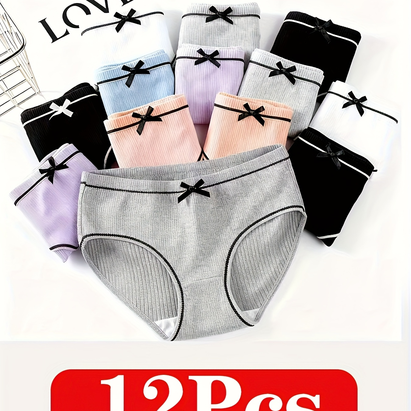 TEMU 12pcs Cute Girls' Striped Panties With Bows Comfortable And Breathable, Medium Stretch Fabric, Suitable For Casual Sports And Running, In Random Colors