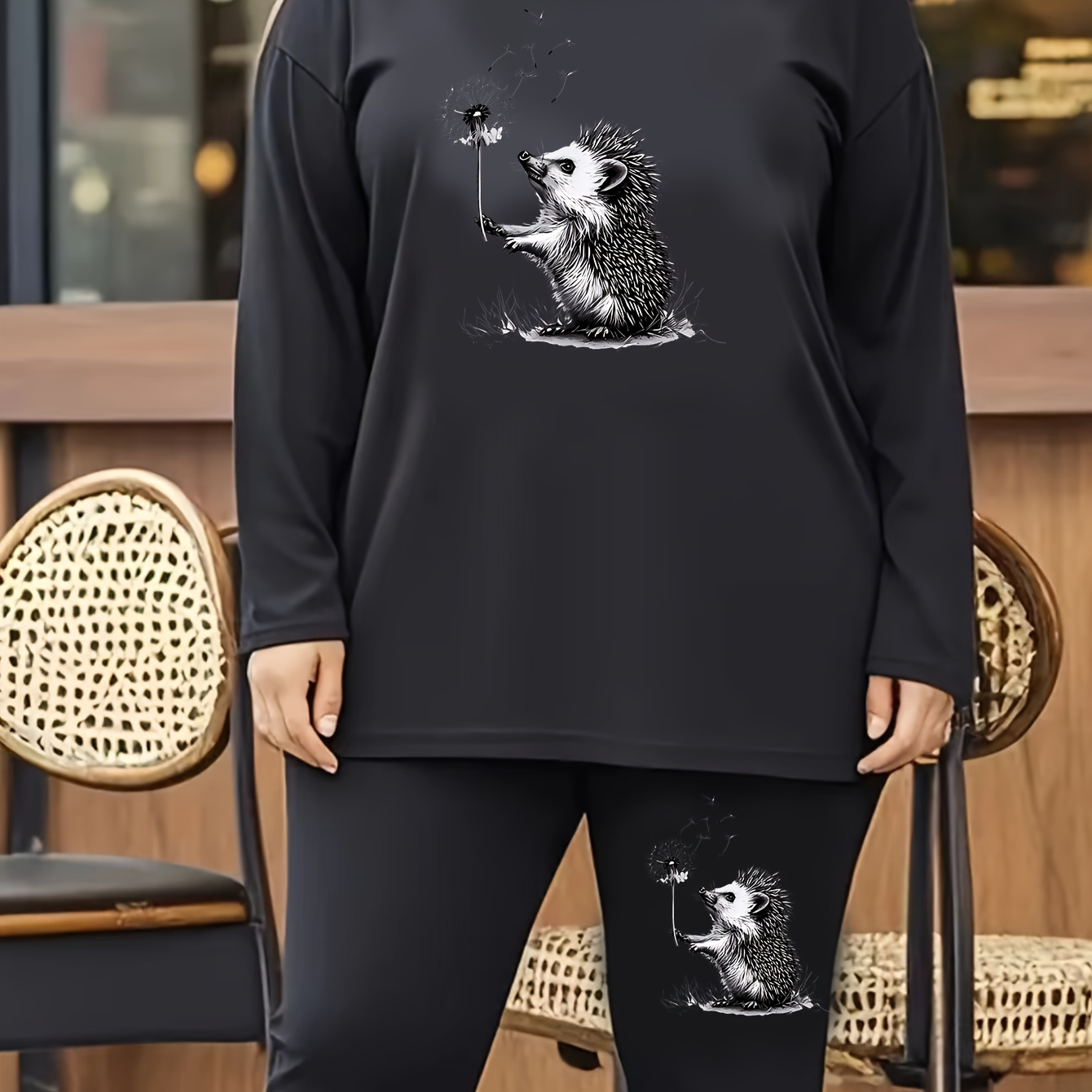 

Décontractée - à Longues Imprimé Hérisson Mignon & de Leggings Extensibles, Lavable en