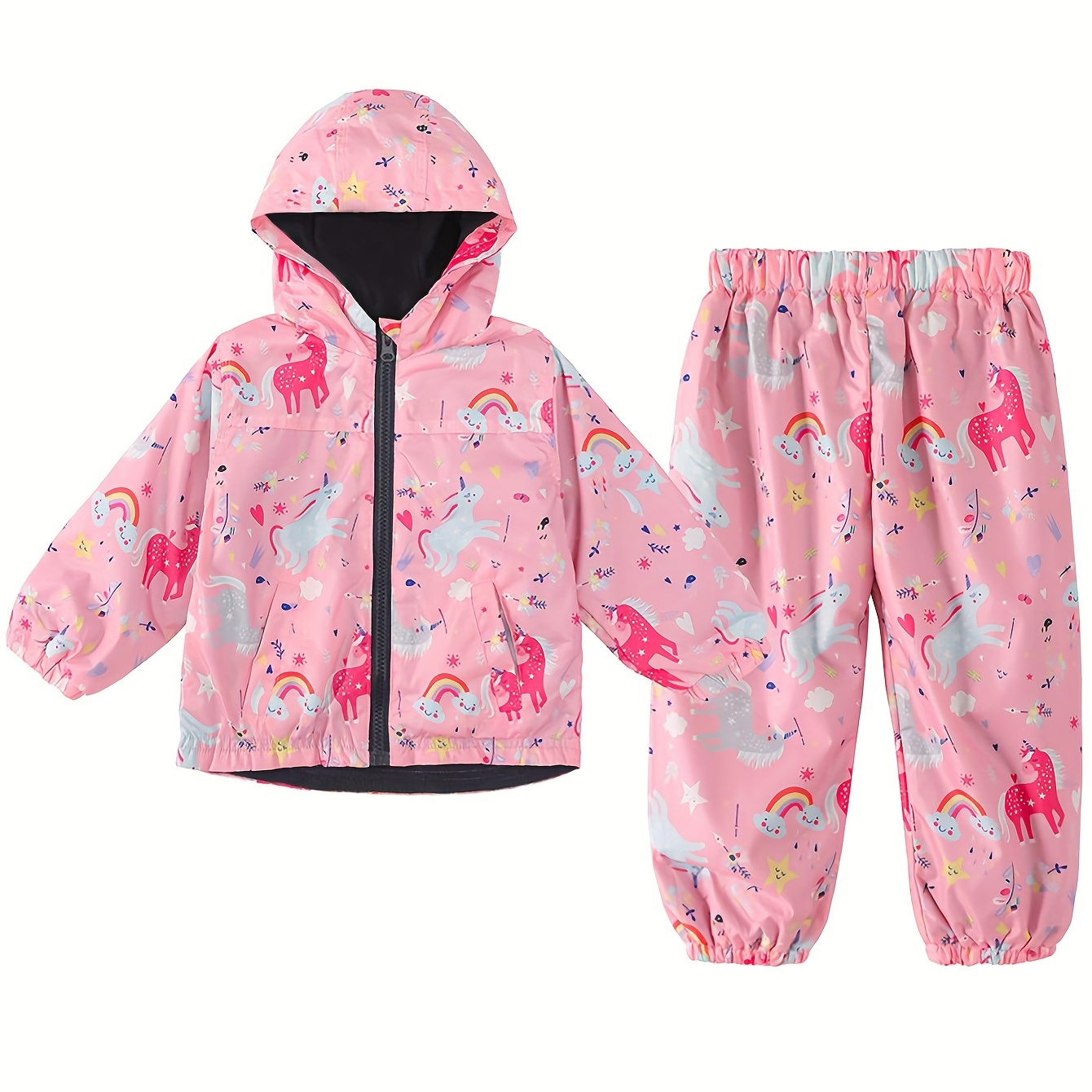 

2pcs Girls Waterproof Hooded Jacket Outerwear + Jogger Pants Set Comfy Cute Outfits Outdoor Gift