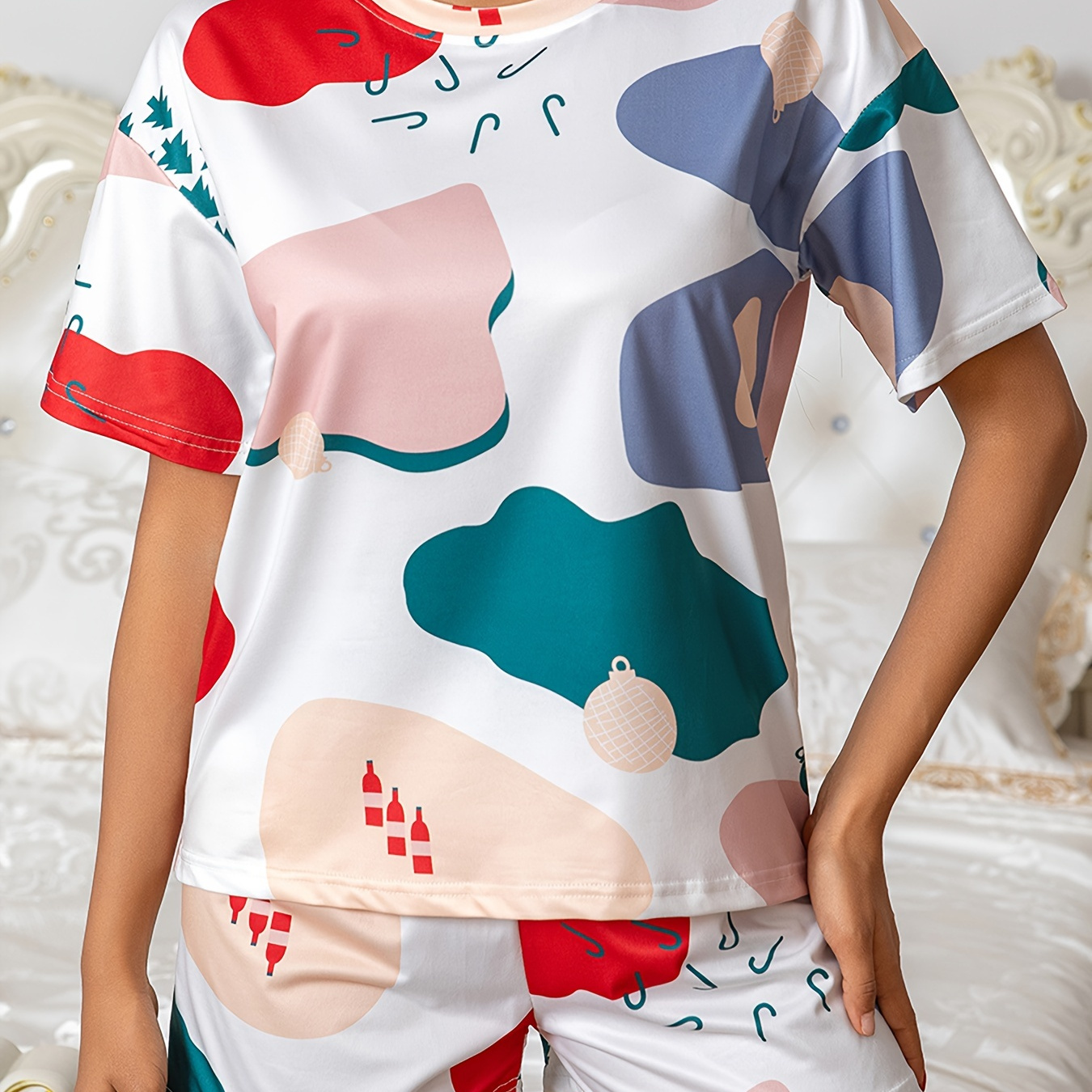 

Cute Allover Print Pajama Set, Drop Shoulder Half Sleeve Crew Neck Top & Elastic Shorts, Women's Sleepwear & Loungewear