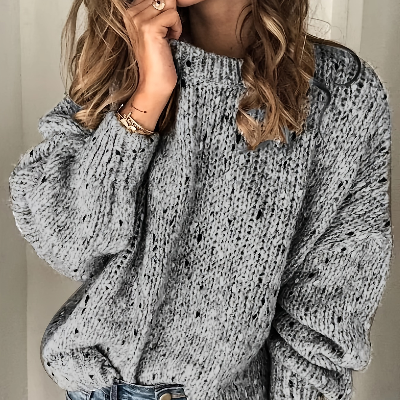 Plus Size Casual Sweater, Women's Plus Heathered Long Sleeve Round Neck High Stretch Jumper