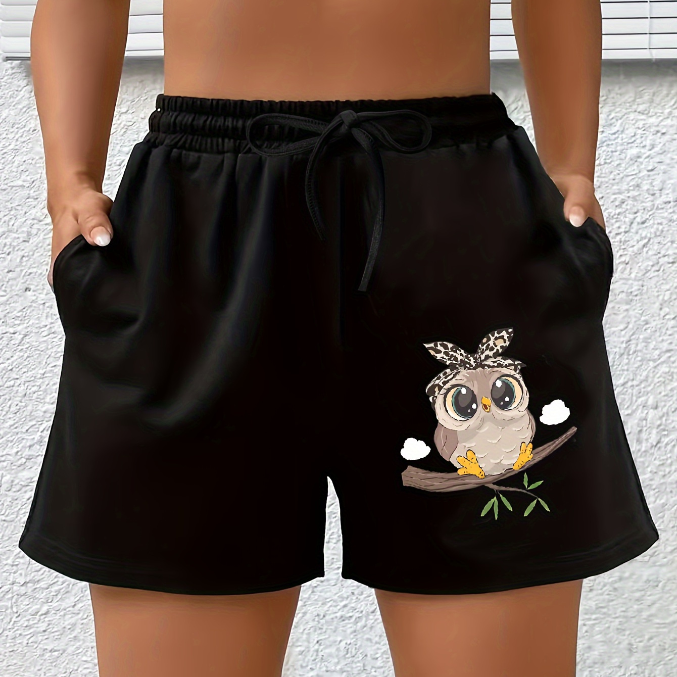 

Owl Print Drawstring Waist Shorts, Casual Dual Pockets Shorts For Spring & Summer, Women's Clothing