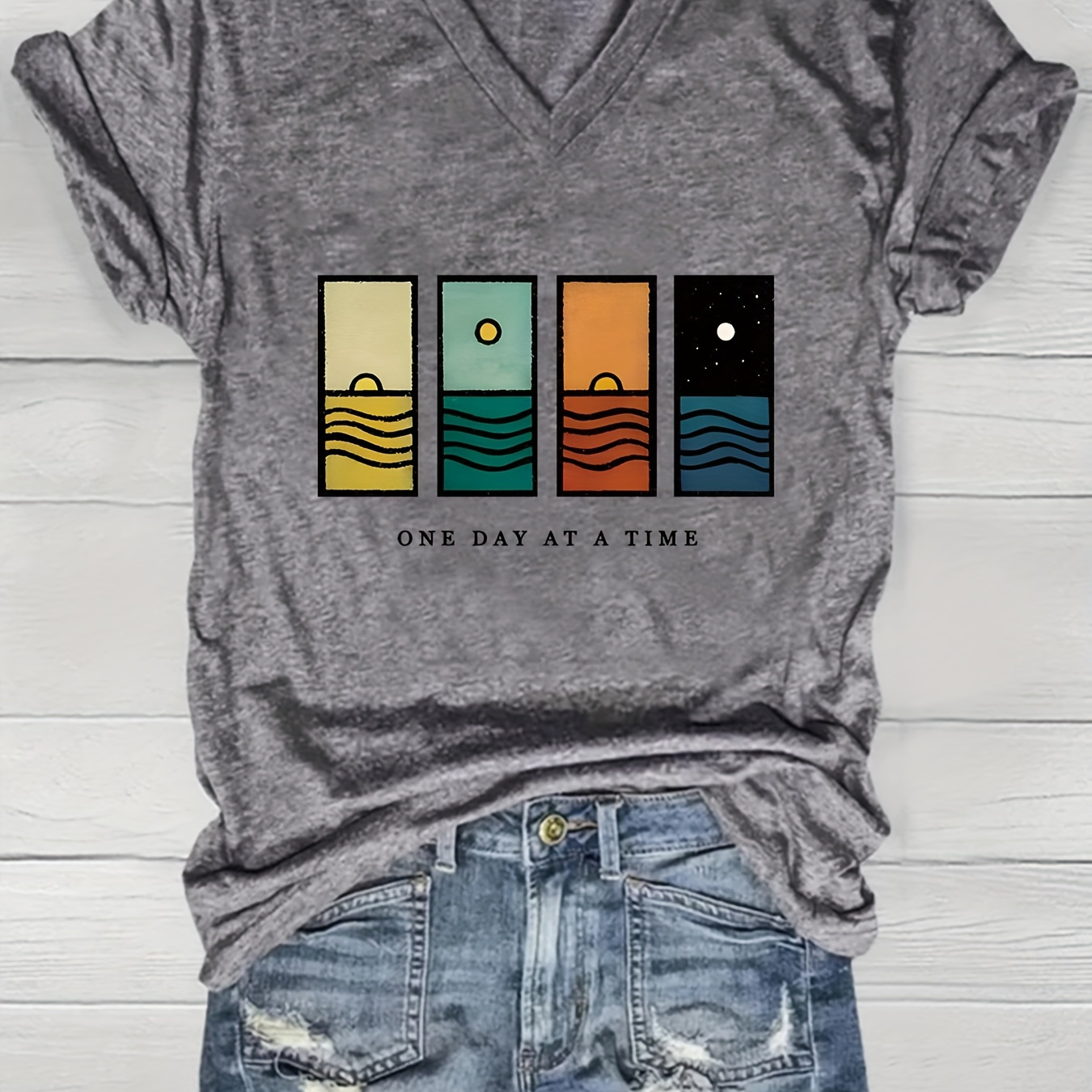 

Letter Print V Neck T-shirt, Casual Short Sleeve Top For Spring & Summer, Women's Clothing