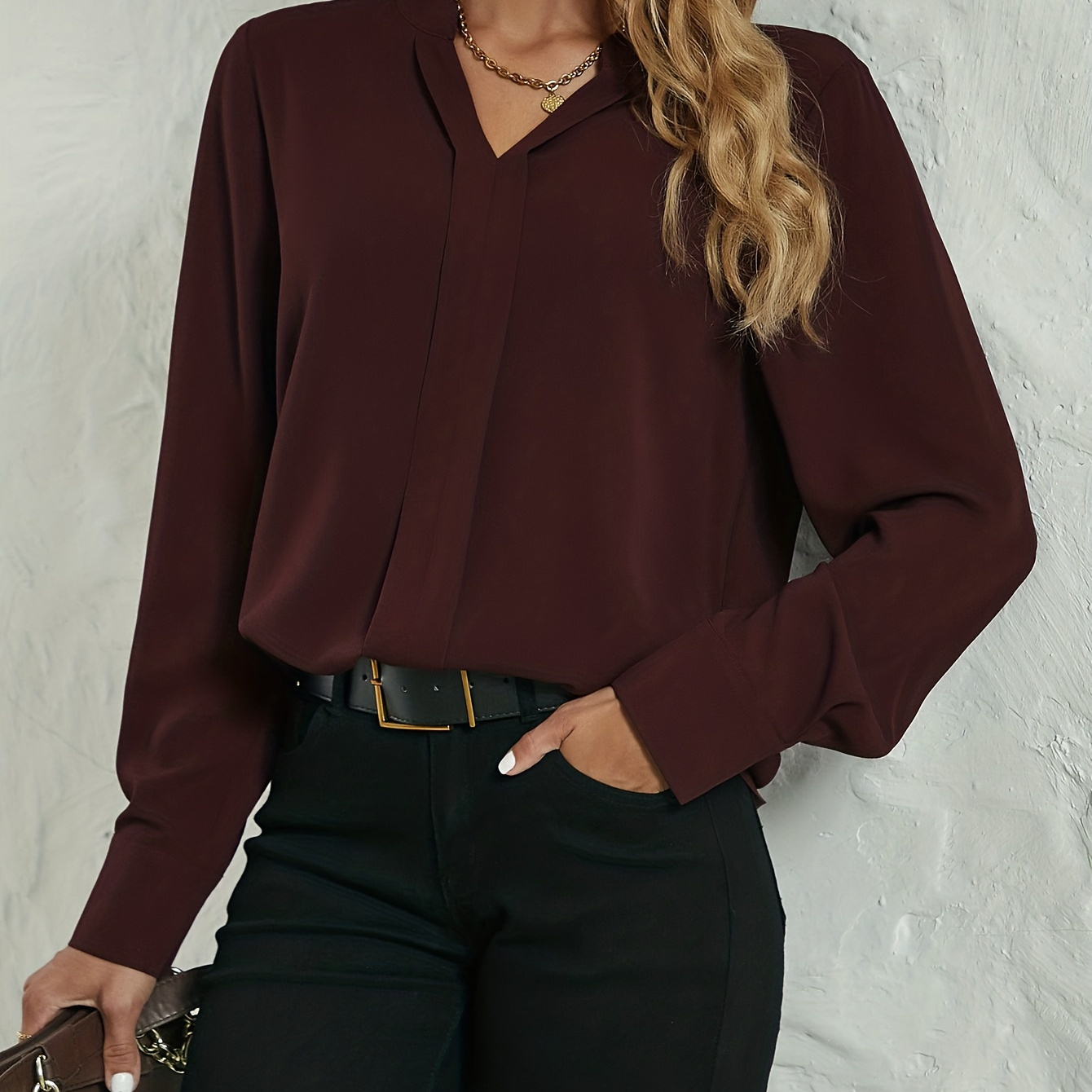 

Solid V-neck Blouse, Casual Button Cuff Long Sleeve Blouse For Spring & Fall, Women's Clothing