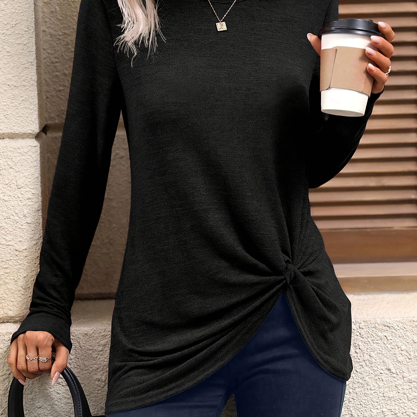 

Twist Hem Crew Neck T-shirt, Casual Long Sleeve Simple Top For Spring & Fall, Women's Clothing