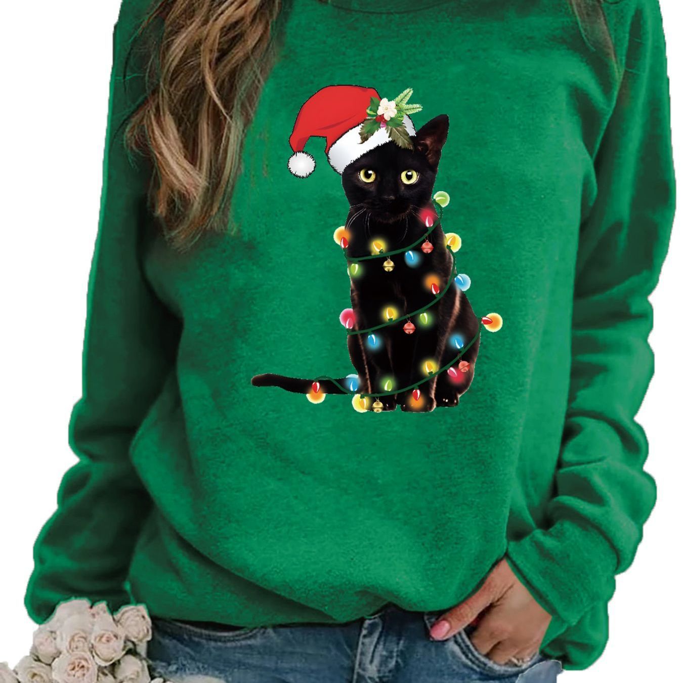 

Christmas Cat Sweatshirt For Women - Casual Cotton Pullover With Christmas Tree Print, Long Sleeve, Round Neck, Regular Fit, Knit Fabric, Comfort, Ideal For