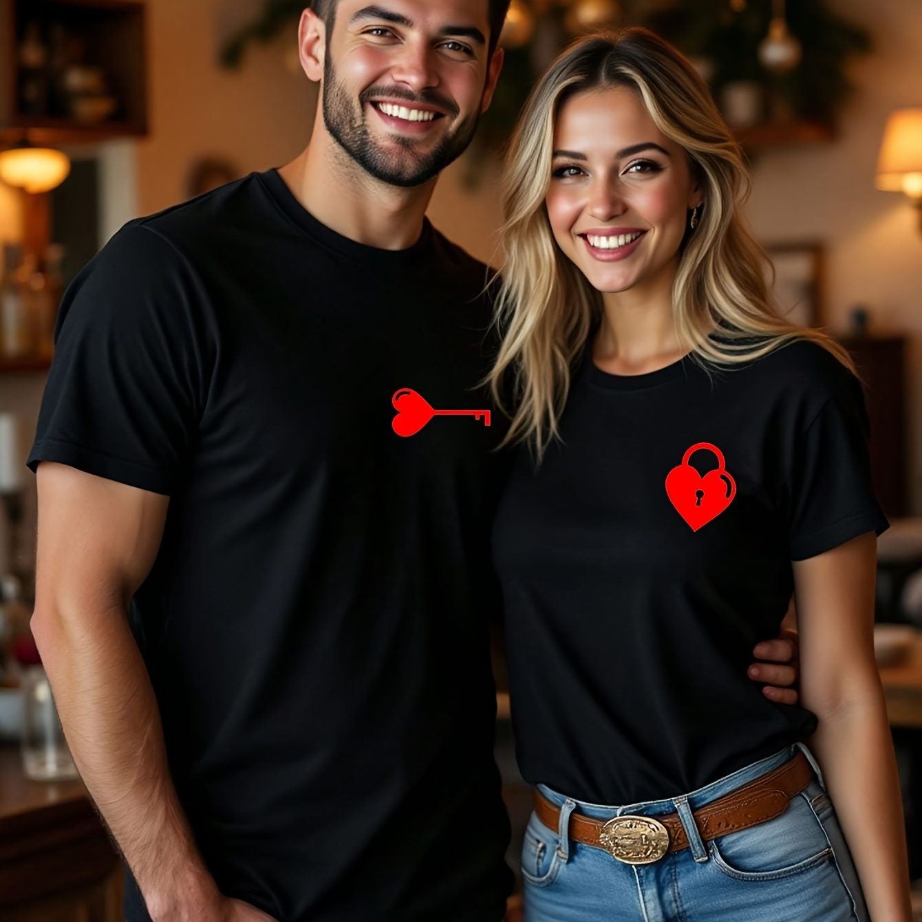 

Valentine's Day Matching Couple T-shirts - Casual & Key Print, Short Sleeve, Polyester, Machine Washable, Valentine's Day Outfit