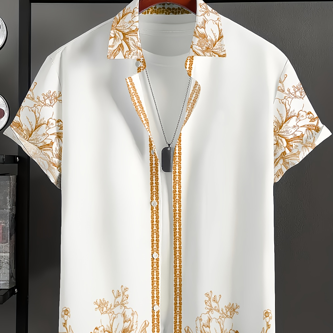 

Chemise à manches courtes décontractée pour homme avec imprimé floral vintage, tissu en polyester tissé 100%, non extensible, taille régulière, collection printemps/automne